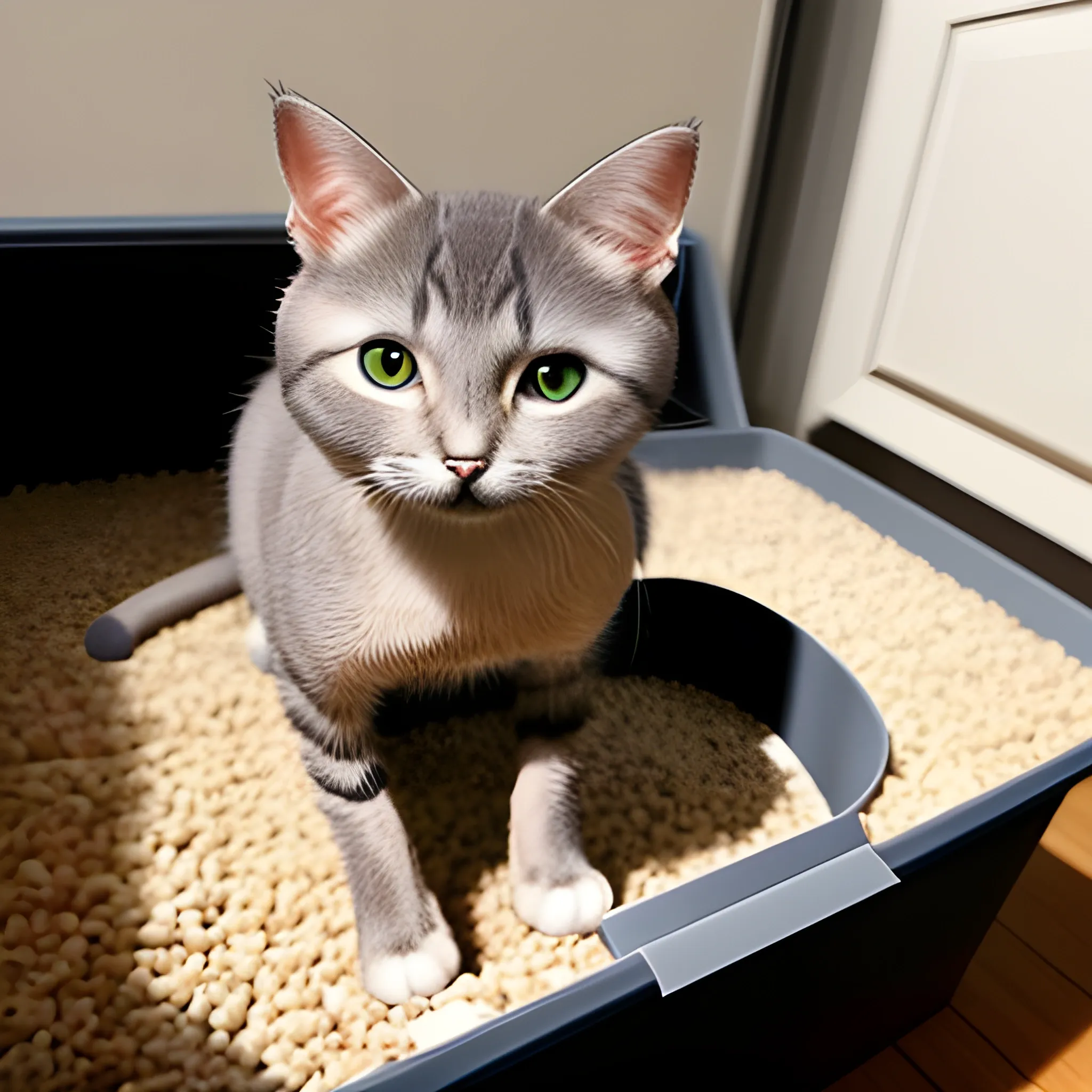 A cat with its light fur in a litter box