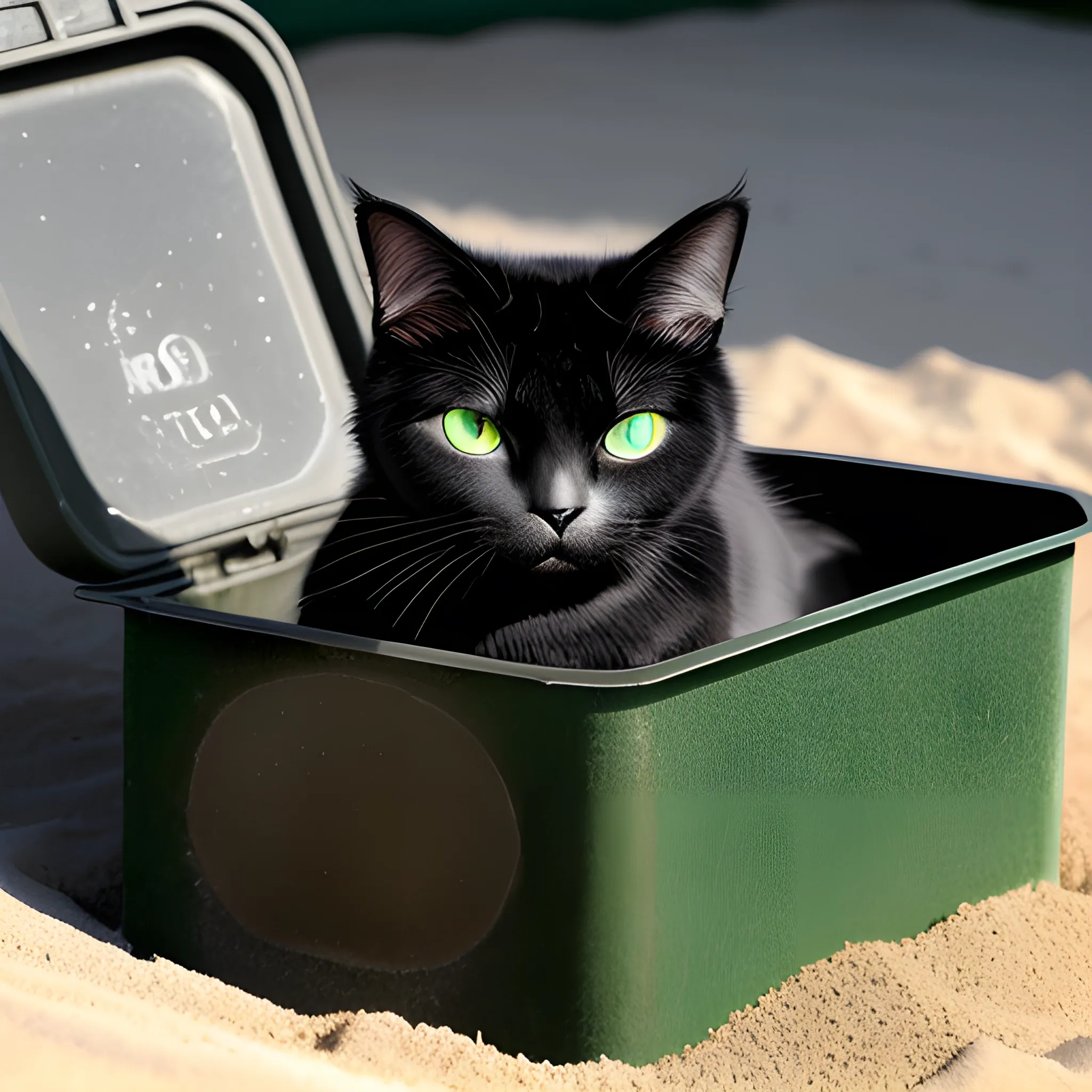 A cat with green eyes, with its black fur inside a sanitary sand  box with sanitary sand outdoor