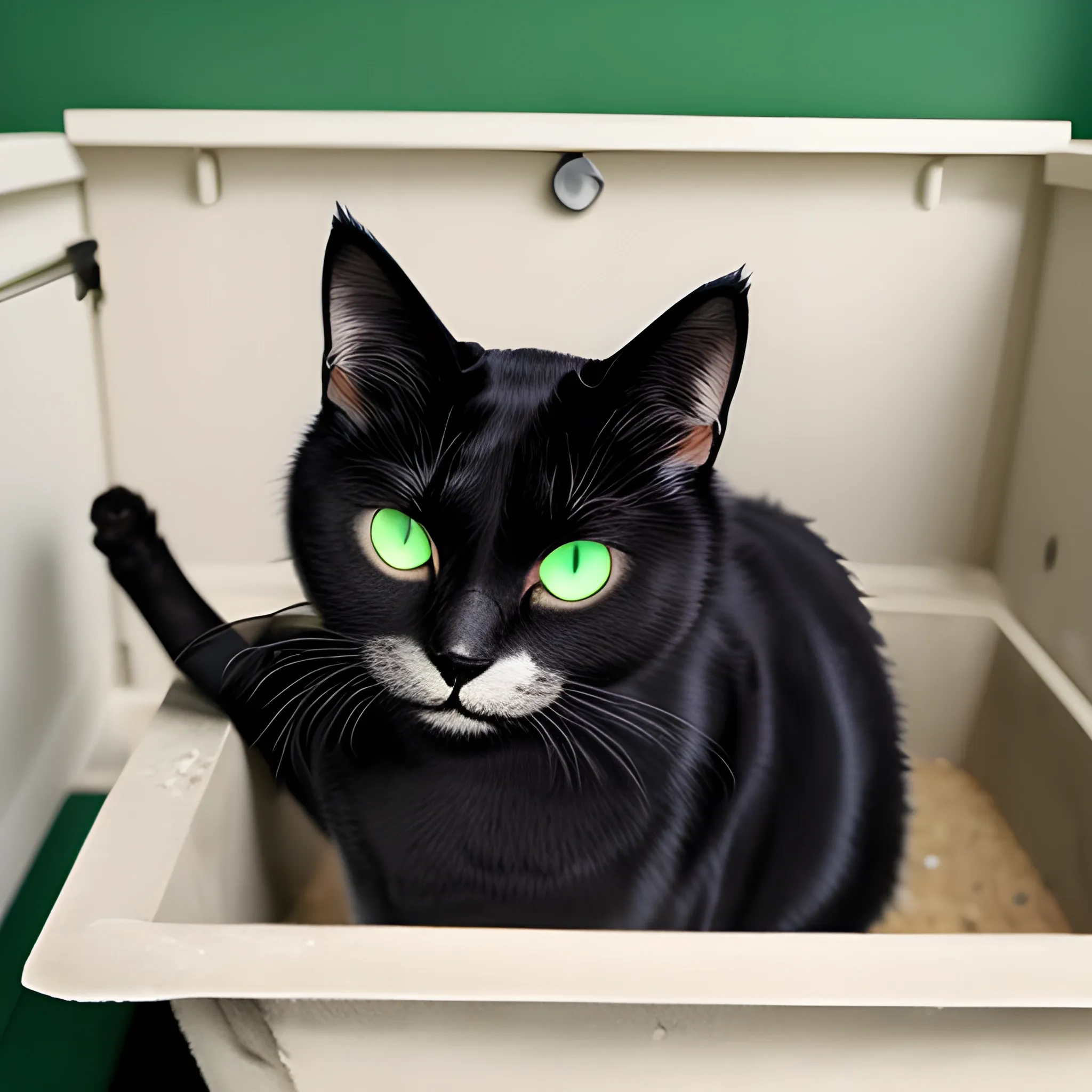 A cat with green eyes, with its black fur inside a sanitary sand  box urinating