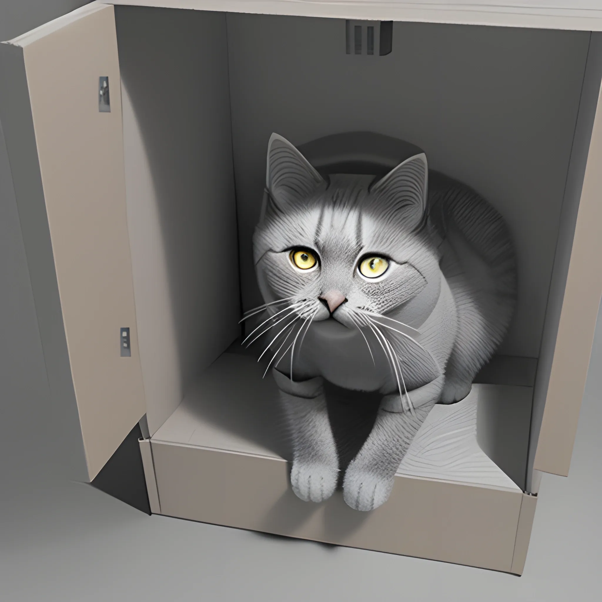 A cat with its light fur inside a box urinating, Pencil Sketch, 3D