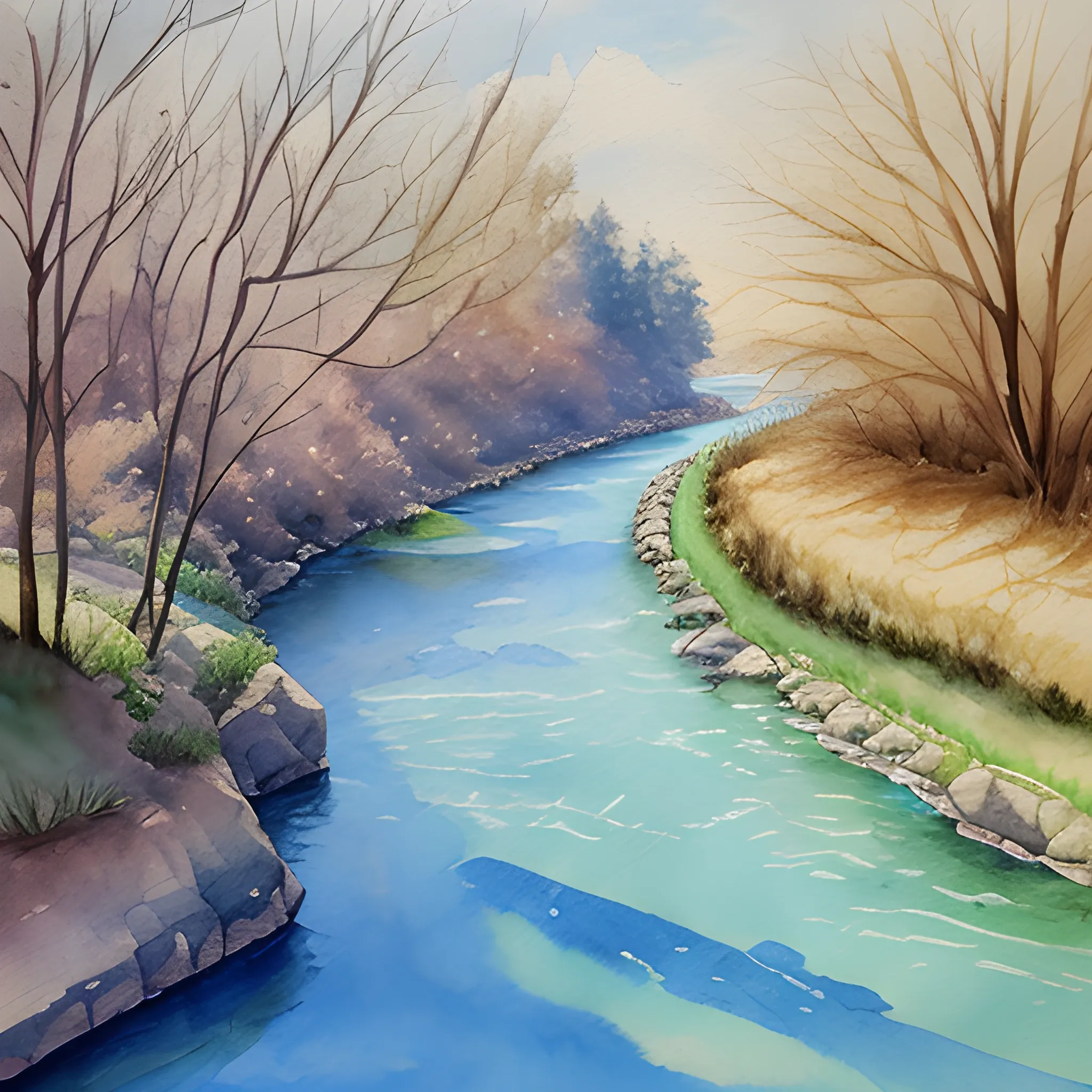 River, Cartoon, Water Color, Oil Painting