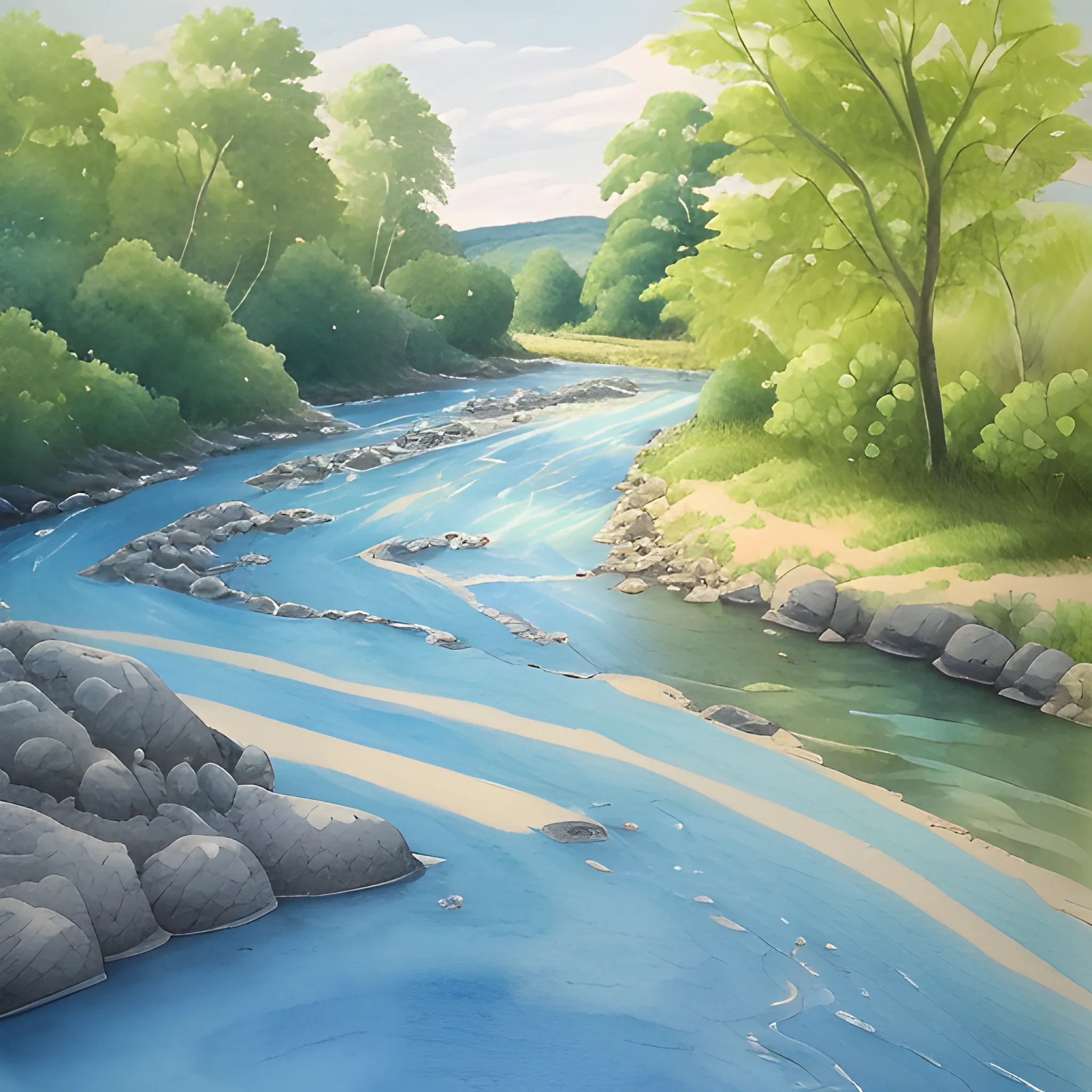 River, Cartoon, Water Color, Oil Painting