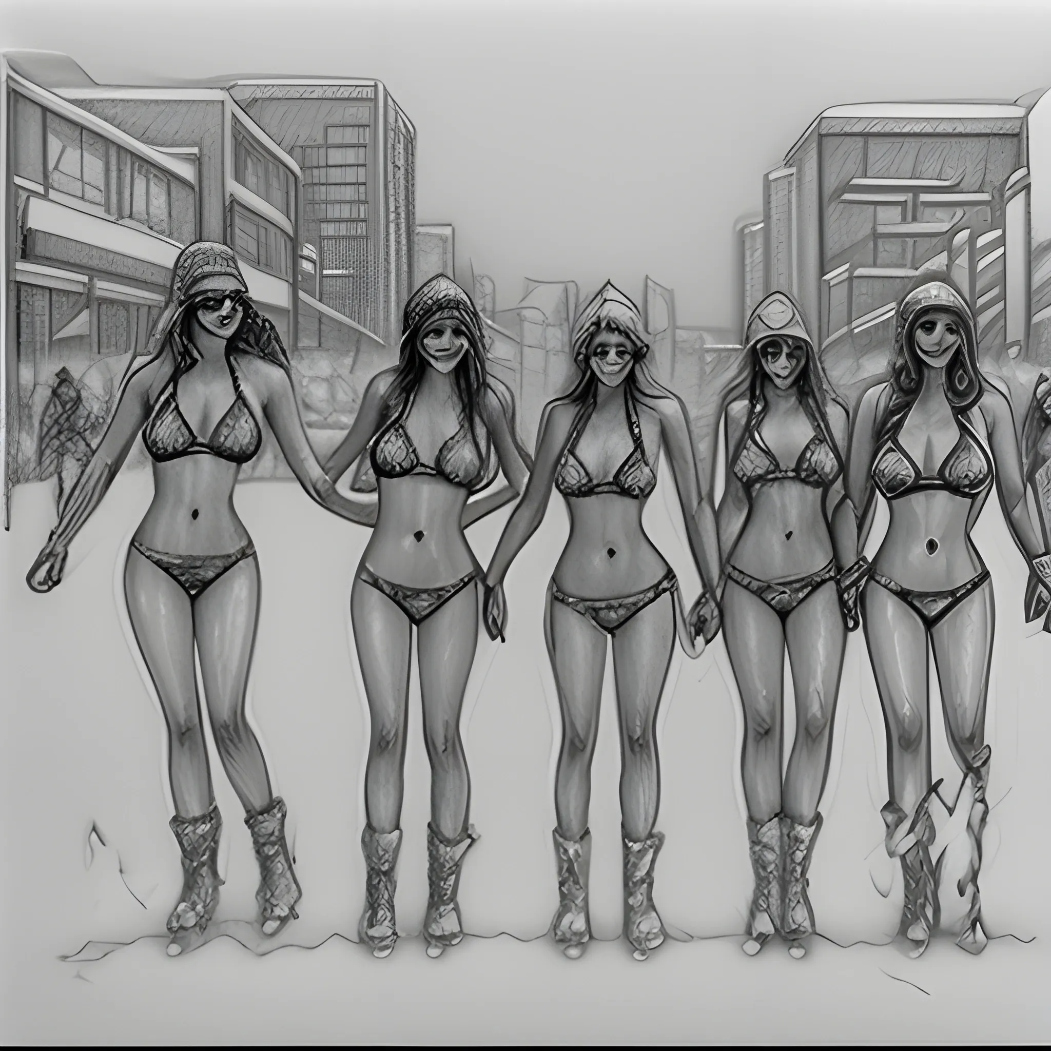 Group Of Bikini Women In Snow City Pencil Sketch Arthubai 4221