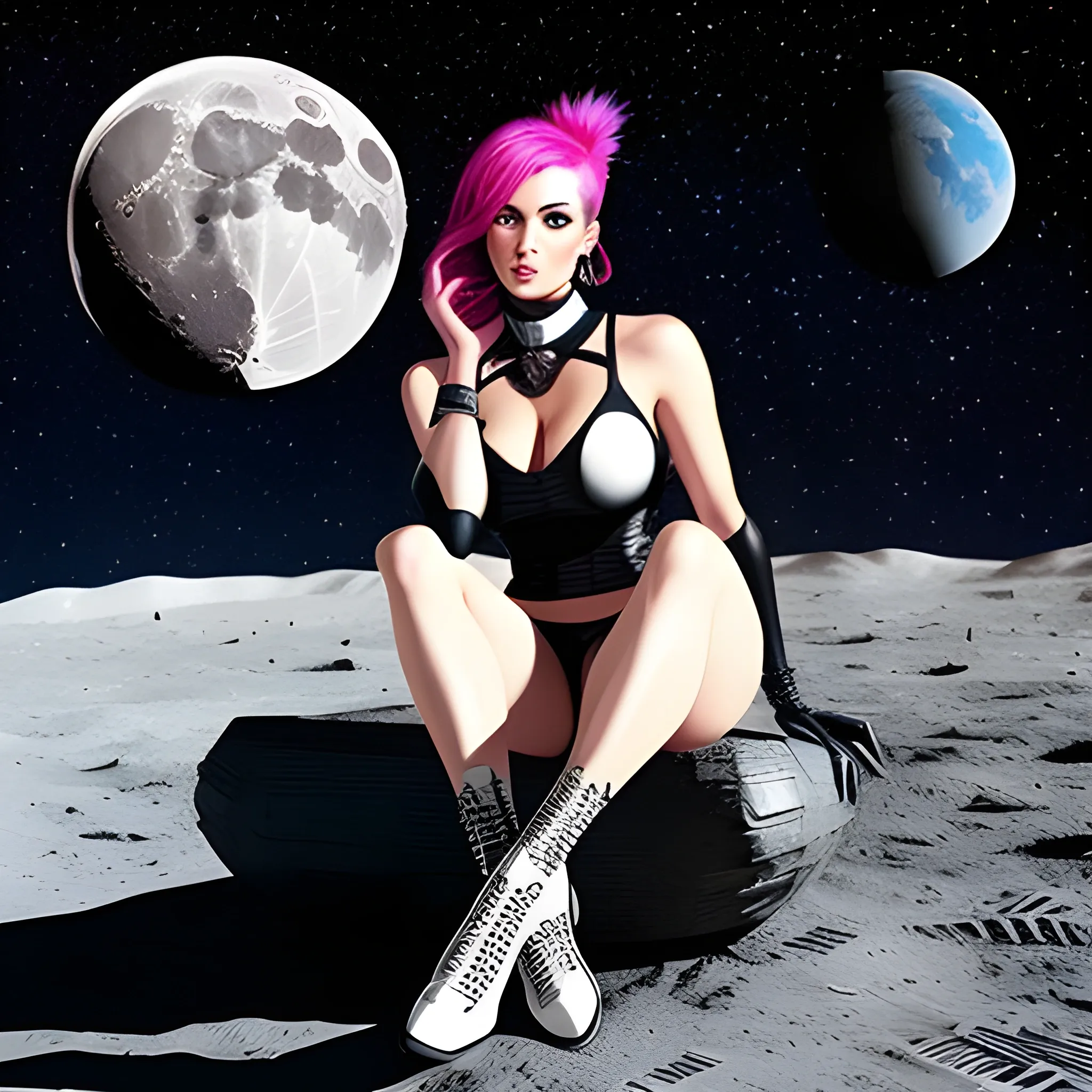 A cute little girl sitting on the moon, punk style, sophisticated clothing