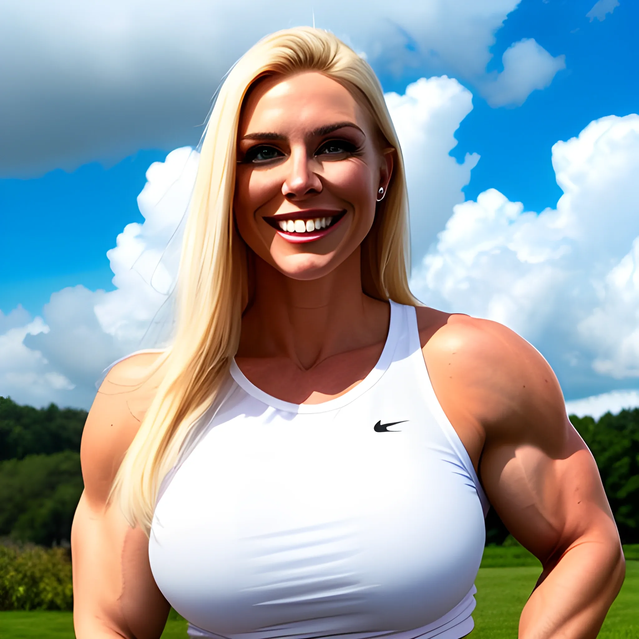 beautiful extra large muscular blonde gently smiling teenage girl in T-shirt and shorts under white clouds