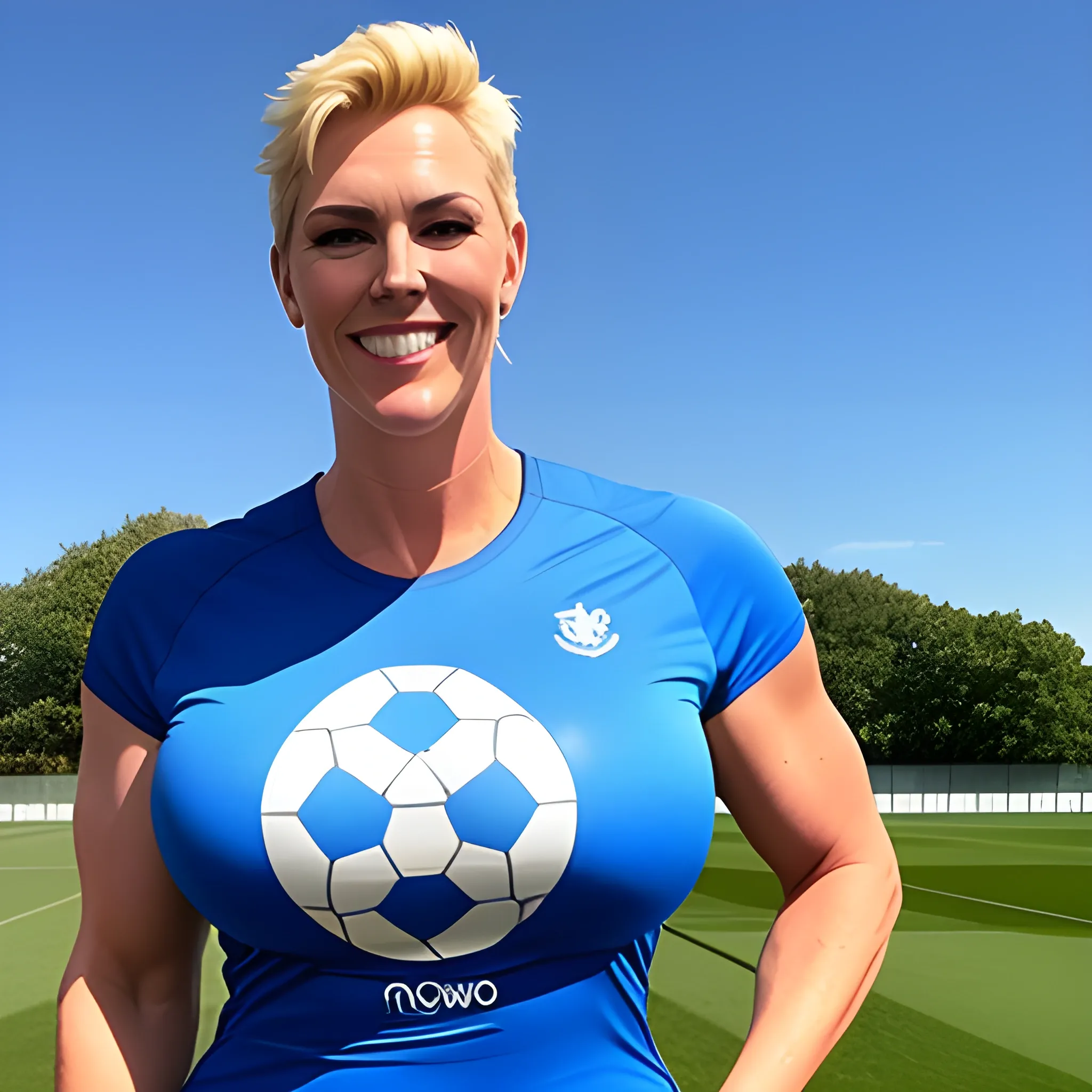 8 ft tall muscular extra large massive gently smiling beautiful young blonde girl with short blonde hair, in T-shirt and shorts, standing on training ground under blue sky 
