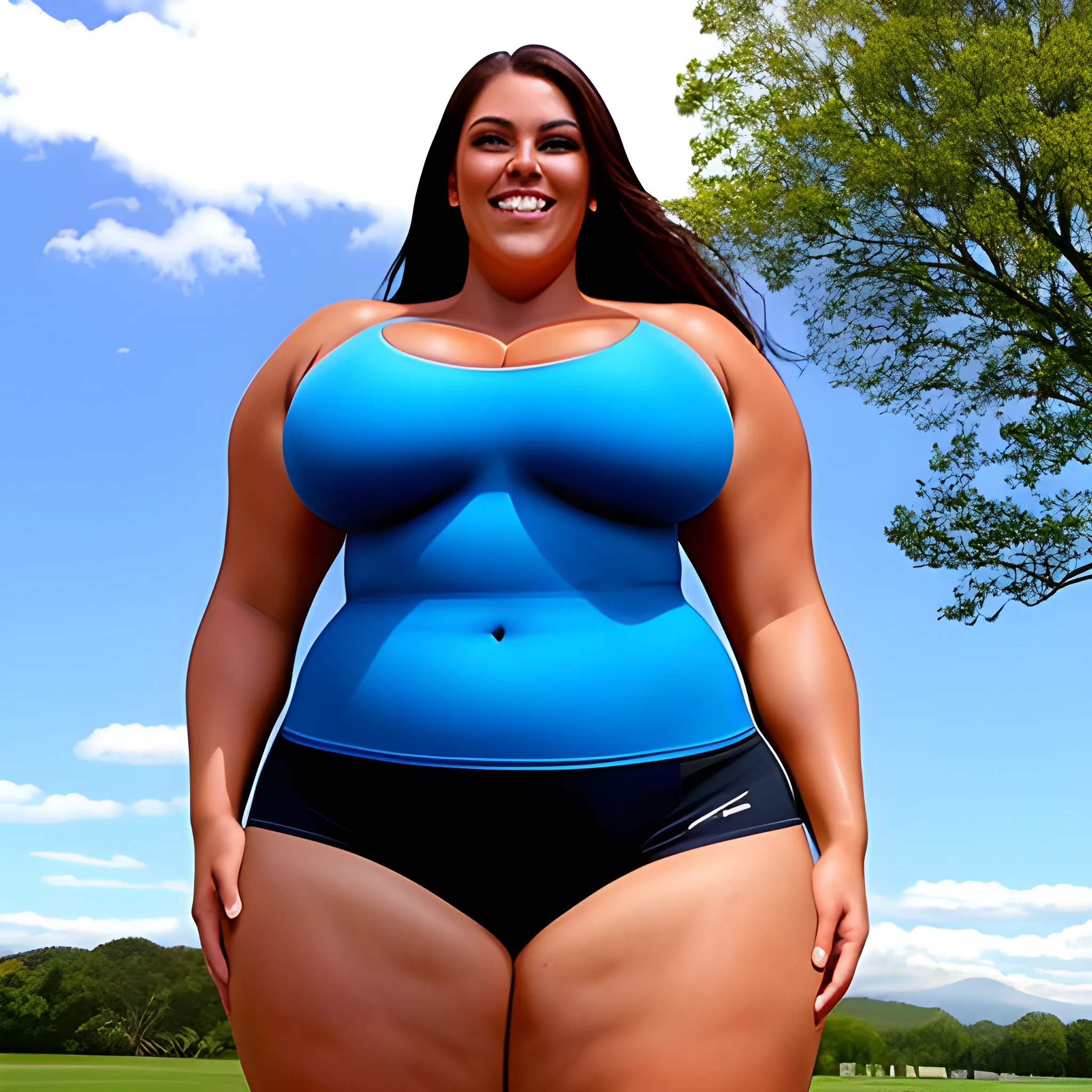 8 ft tall plus size smoothly muscular gently smiling beautiful young blonde girl with small head, broad shoulders, yet flat breast, straight hips and robust long legs on training grounds under blue sky 