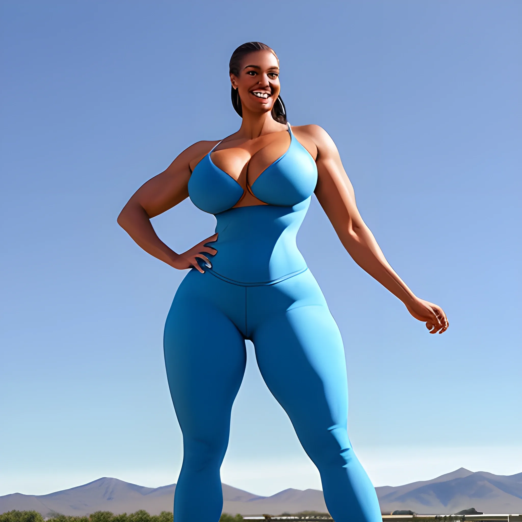 8 ft tall mighty voluptuous and smoothly muscular gently smiling beautiful young blonde girl with small head, broad shoulders, yet flat breast, straight hips and robust long legs standing on training grounds under blue sky