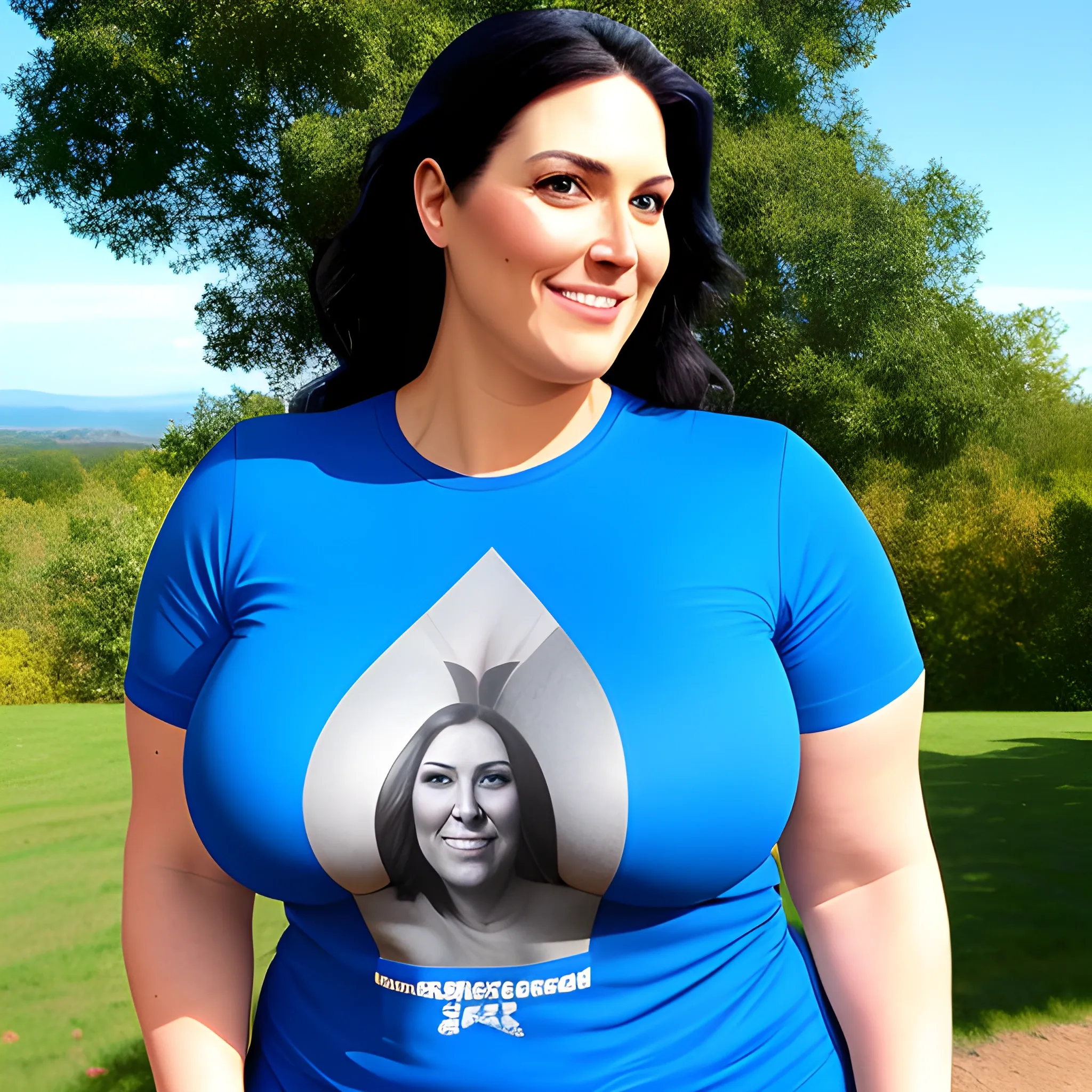 8 ft tall beautiful strong muscular slightly plus size teenage girl with small head and broad shoulders in T-shirt and shorts standing with gentle smile under the blue sky 