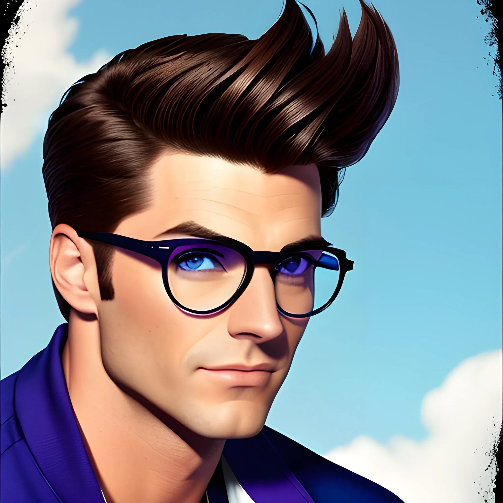 A Disney poster for "Hero" with a young white boy, purple varsity jacket over a blue baseball tshirt, black glasses, hazel eyes, short dark brown faux hawk hairstyle