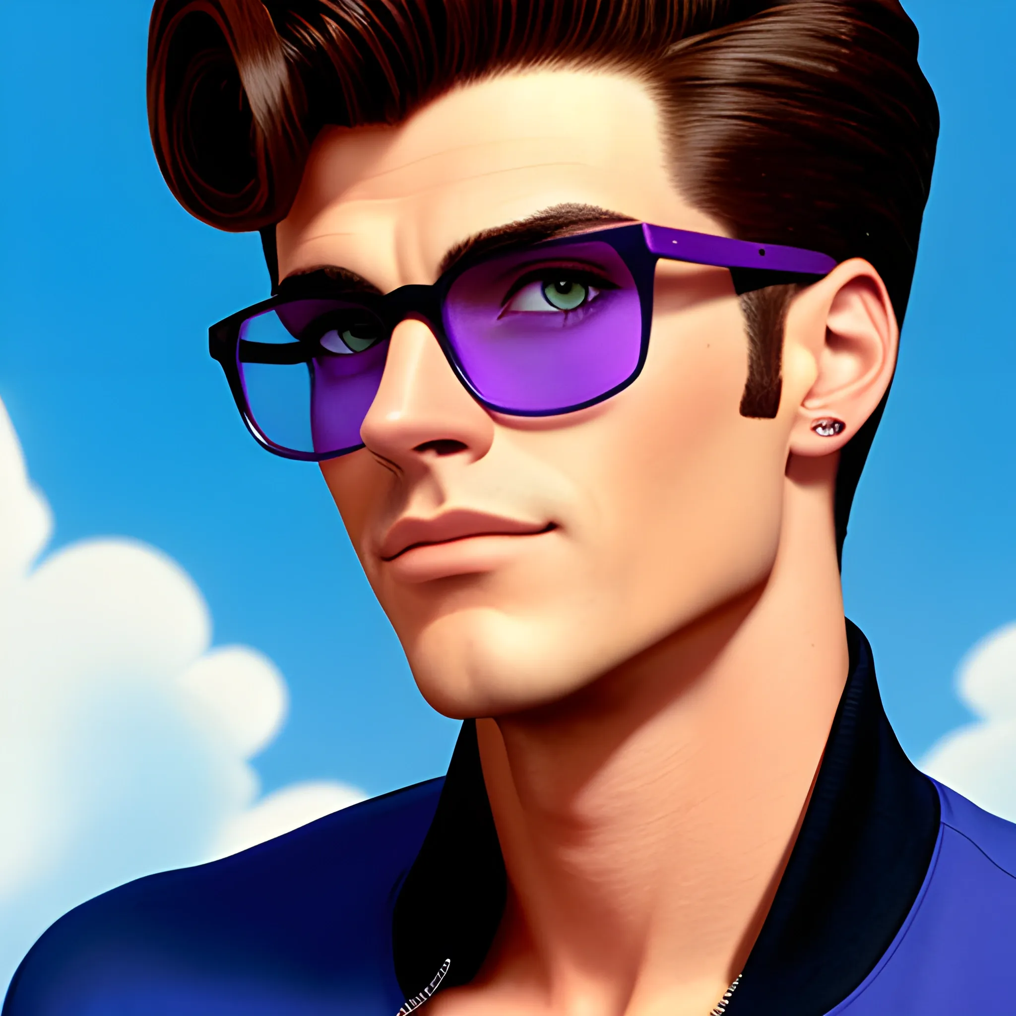 A Disney poster for "Hero" with a young white boy, purple varsity jacket over a blue baseball tshirt, black glasses, hazel eyes, short dark brown faux hawk hairstyle