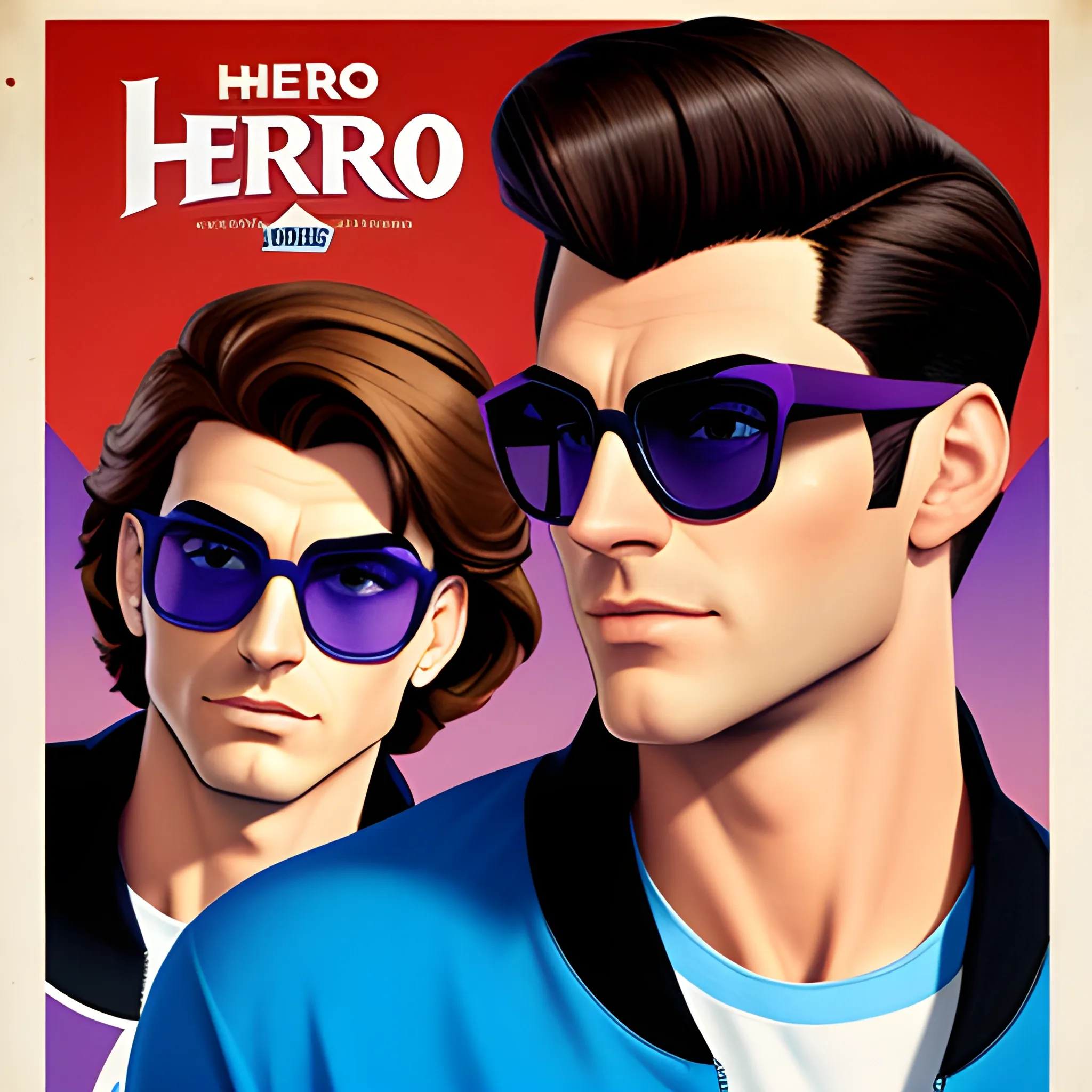 A Disney poster for "Hero" with a young white boy, purple varsity jacket over a blue baseball tshirt, black glasses, hazel eyes, short dark brown faux hawk hairstyle
