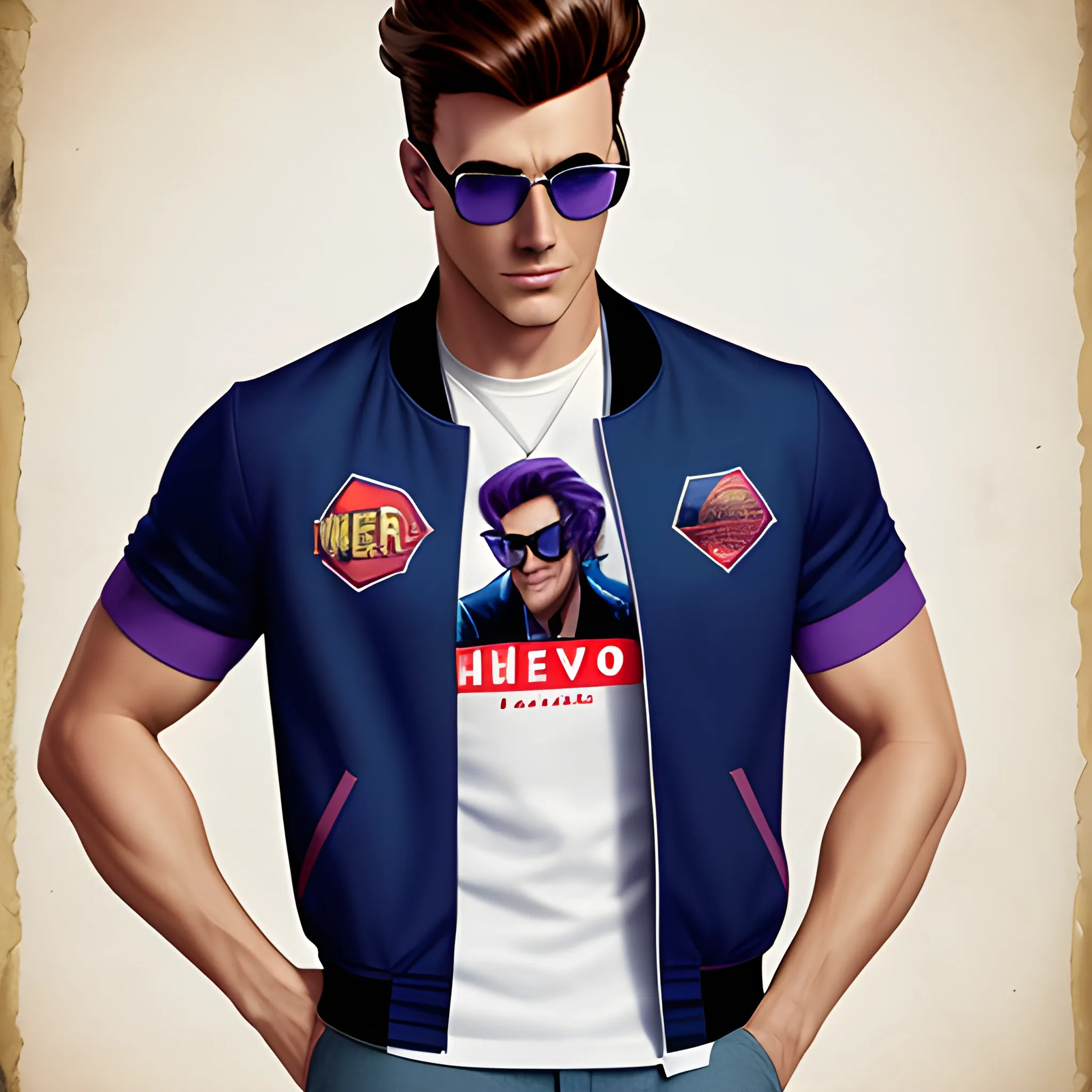 A Disney poster for "Hero" with a young white boy, purple varsity jacket over a blue baseball tshirt, black glasses, hazel eyes, short dark brown faux hawk hairstyle
, 3D