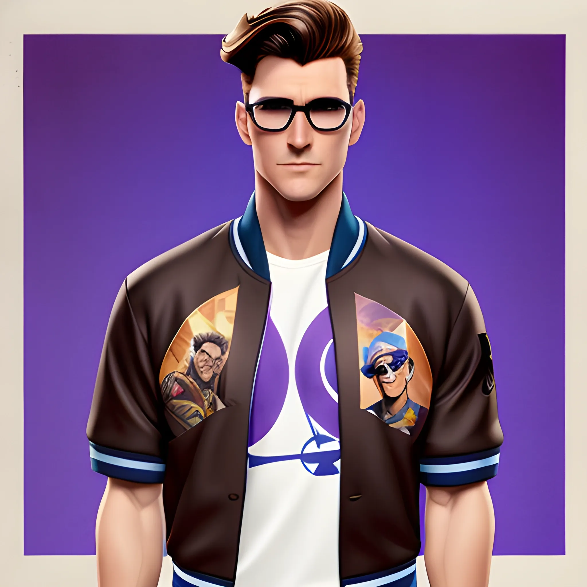 A Disney poster for "Hero" with a young white boy, purple varsity jacket over a blue baseball tshirt, black glasses, hazel eyes, short dark brown faux hawk hairstyle, 3D