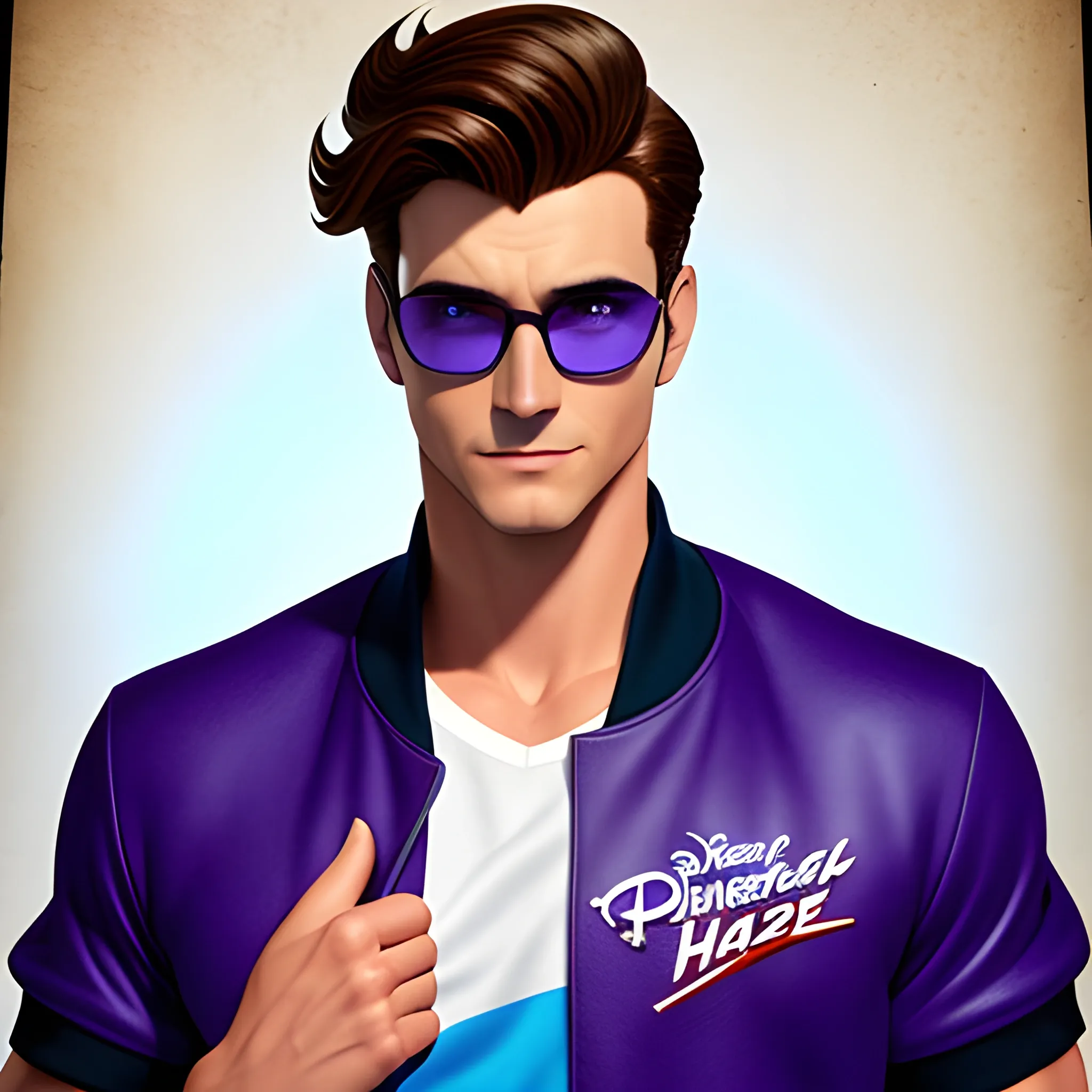 A Disney poster for "Hero" with a young white boy, purple varsity jacket over a blue baseball tshirt, black glasses, hazel eyes, short dark brown faux hawk hairstyle, 3D