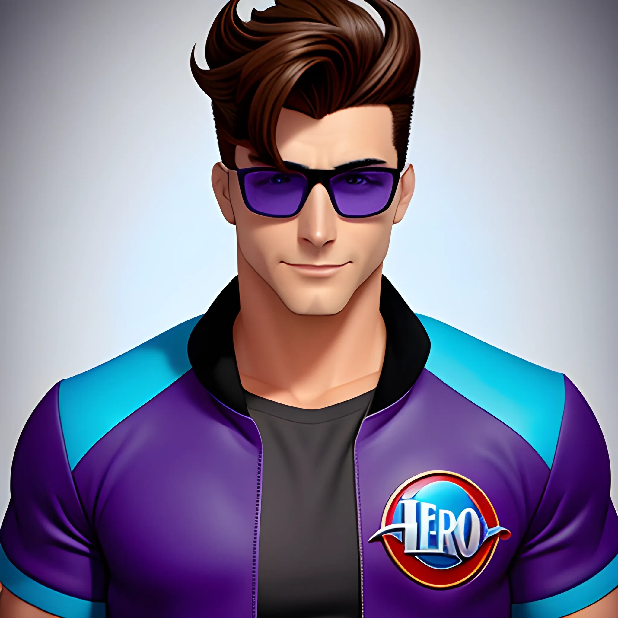 A Disney poster for "Hero" with a young white boy, purple varsity jacket over a blue baseball tshirt, black glasses, hazel eyes, short dark brown faux hawk hairstyle, 3D