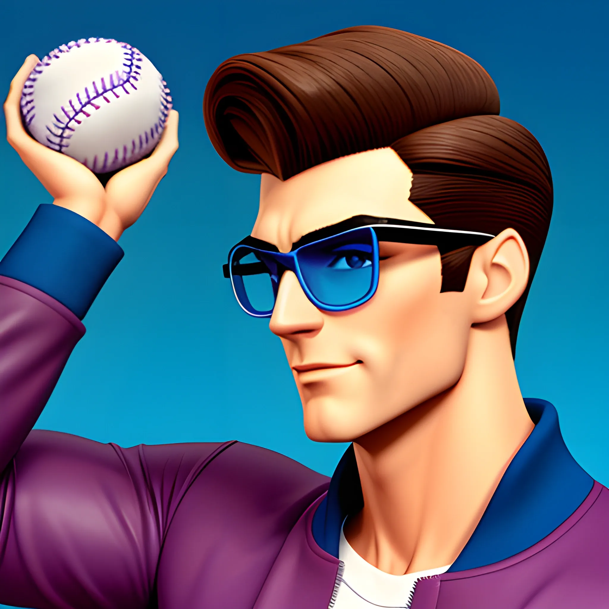 A Disney poster for "Hero" with a young hot white boy, purple varsity jacket over a blue baseball tshirt, black glasses, hazel eyes, short dark brown faux hawk hairstyle, 3D