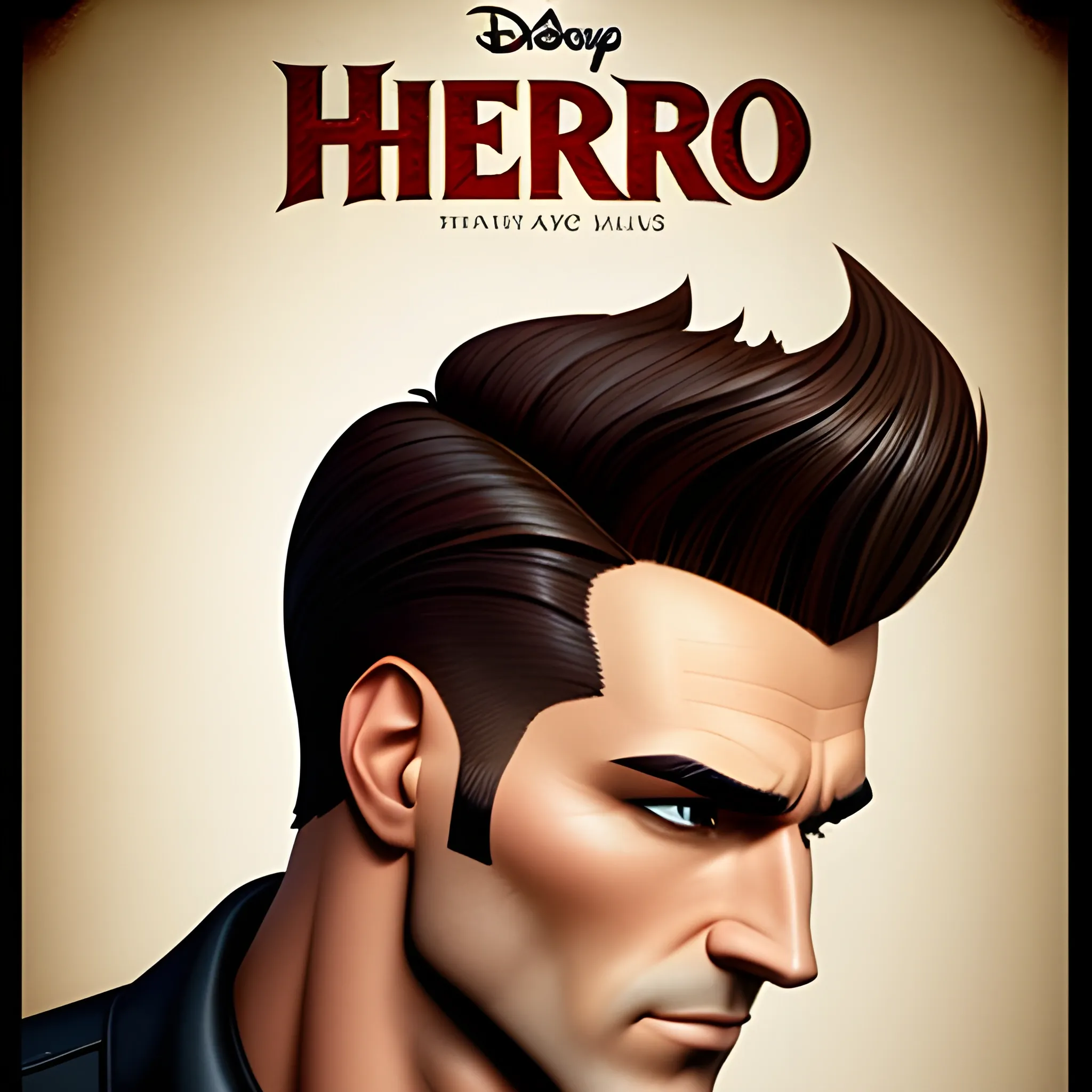 A Disney poster for "Hero" with a young hot muscular white boy, short dark brown faux hawk hairstyle, 3D