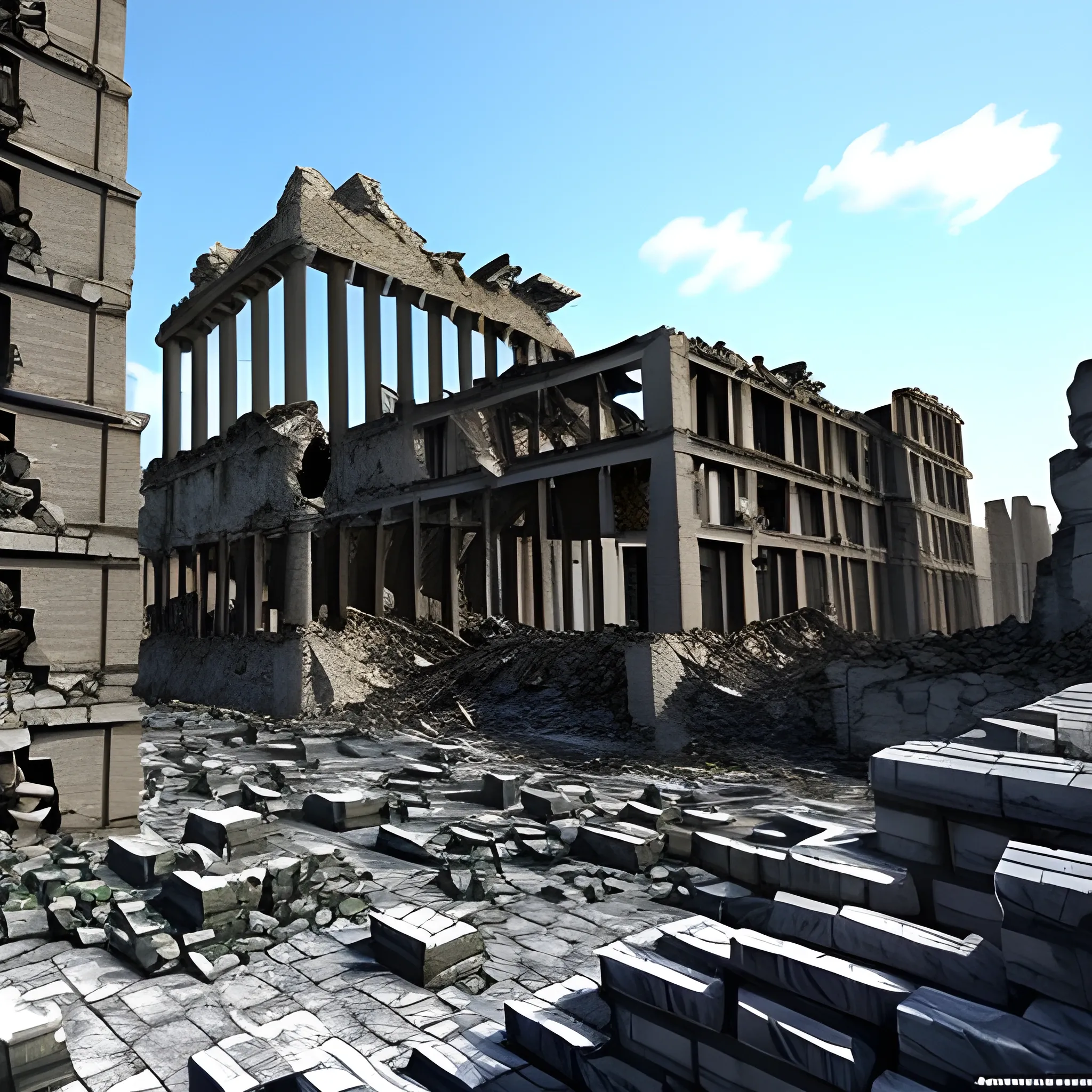 Collapsed buildings during the war, suffering children in the ruins, and perseverance, 3D