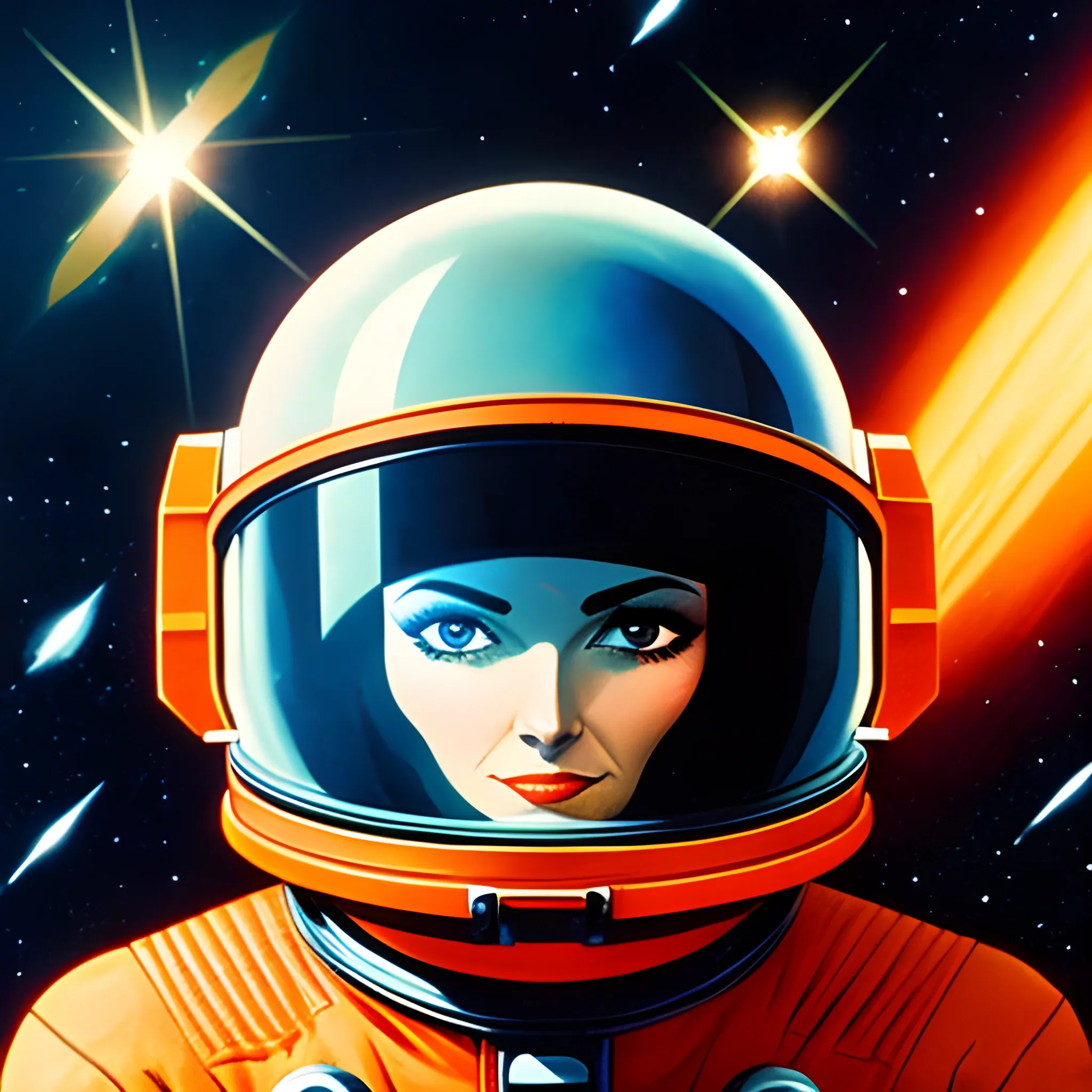 1girl,flat_breasts,cute,beautiful detailed eyes,shiny hair,visible through hair,hairs between eyes, CCCPposter, sovietposter,red monochrome,soviet poster, soviet,communism, Black_hair,red_eyes,vampire,teenage,poorbreast,Spacesuit:Orange_clothing_body:jumpsuit),white_gloves, white_space shoes, white_helmet, the CCCP red letters on the top of helmet, weightlessness, Side light, reflection, The person in the spacesuit is at the bottom left of the frame, The right hand is outstretched, the right hand gently touches the Salyut space station), Space station in the upper right corner of the screen, Reflected light from the sun, Silver metal,red flag, brilliance,USSR style, diffuse reflection, Metallic texture, The vista is a blue Earth,mecha style,the sea of star,high tone, magnificent, Trippy