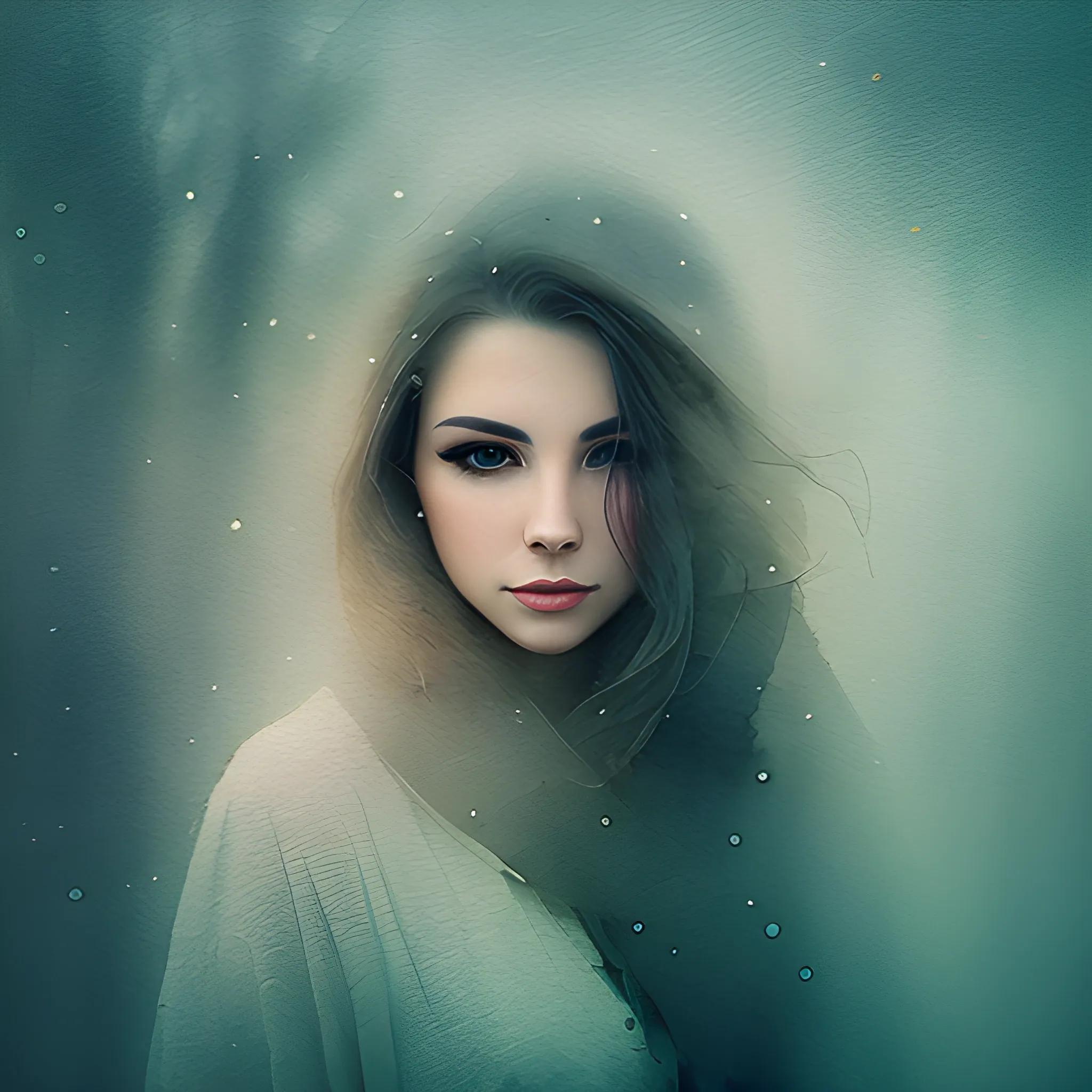 beautiful woman portrait in dense fog, serious, charm, bokeh, watercolor-like, glittering, mystic, ample breassts, 36D,, Water Color