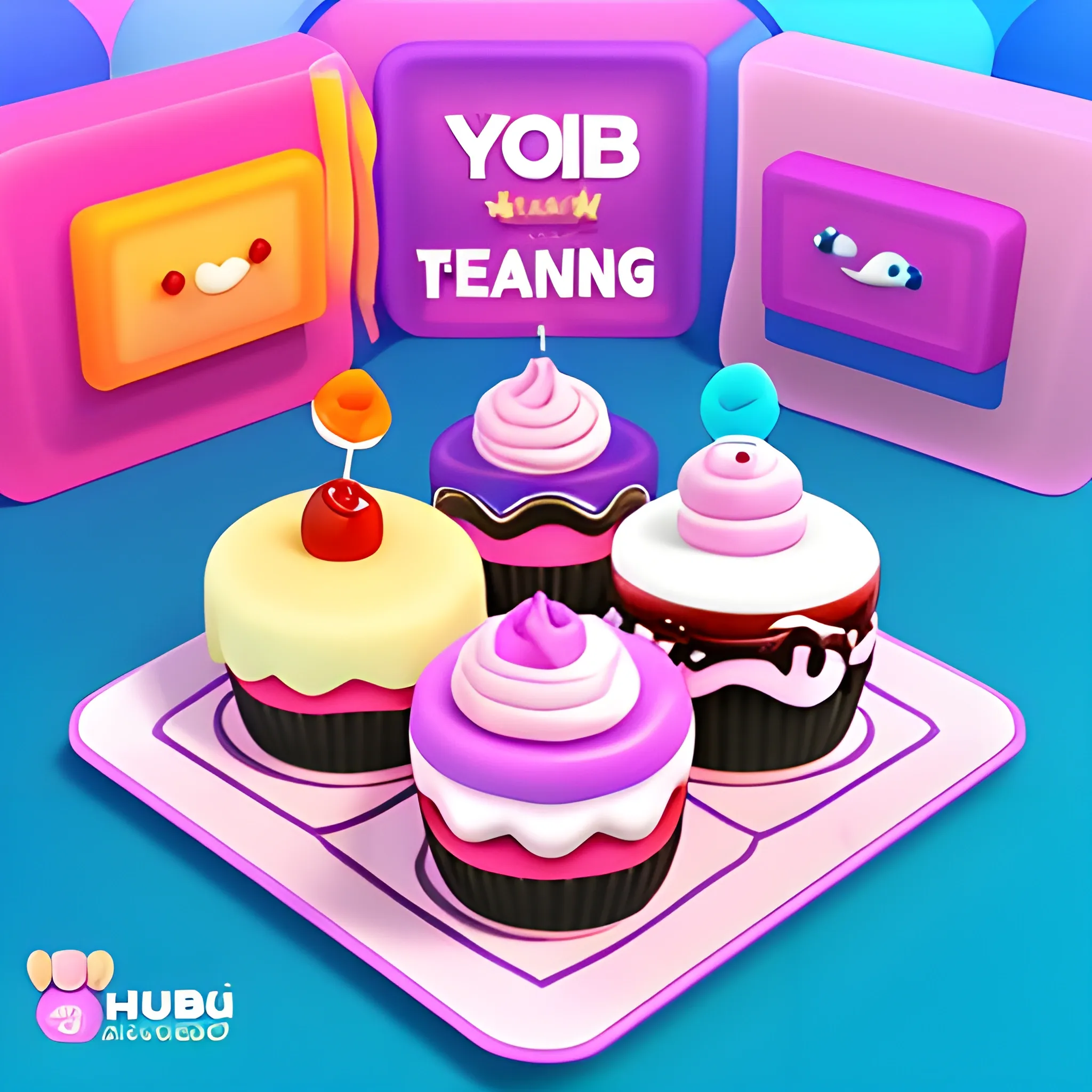 MUKBANG YouTube channel logo, jelly, cakes, sweets "HUBA TEAM", 3D