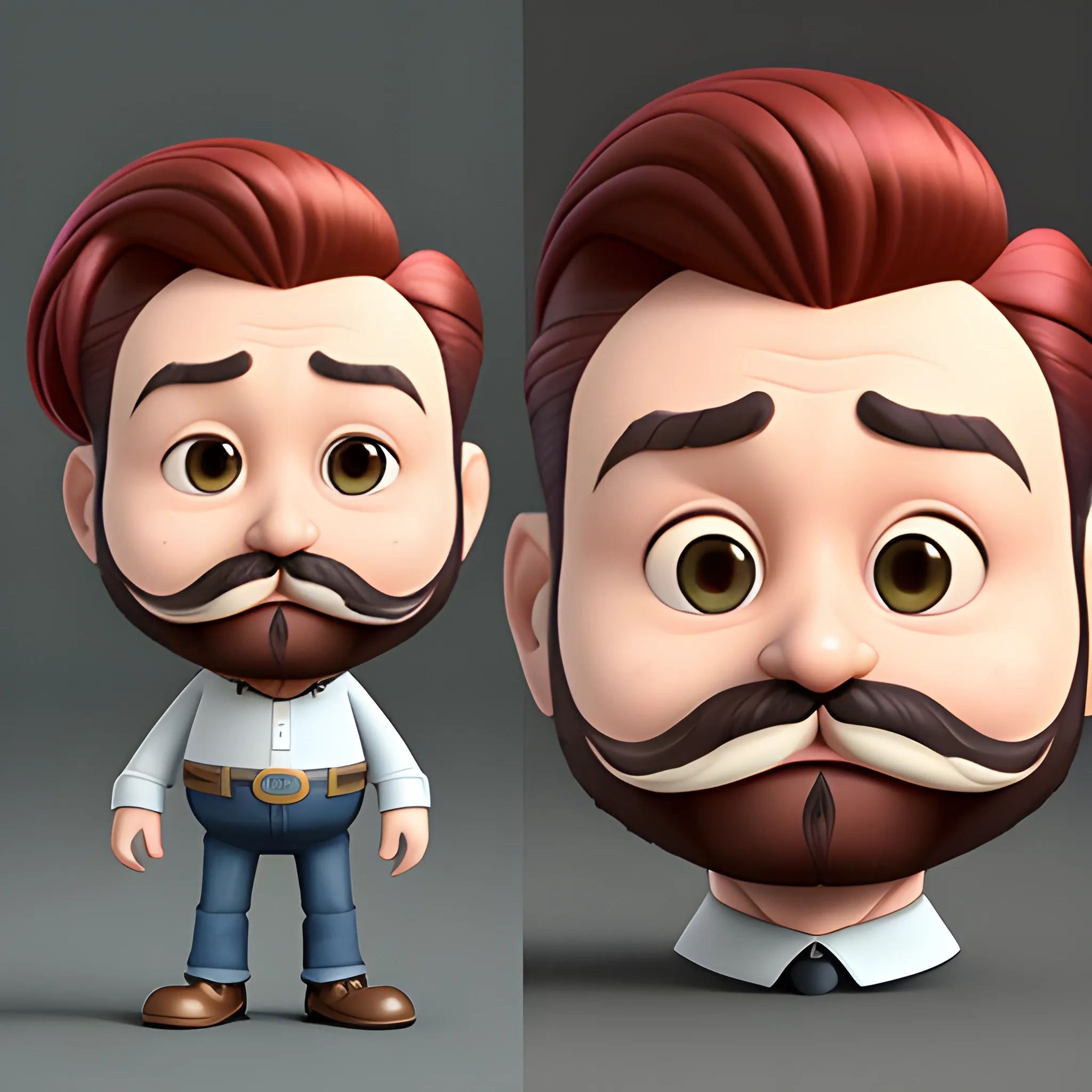 Pixar 3d,Persona color marron,genero hombre,pelo rodeando la cabeza y flequillo,cara grande circular con papada,con bigote corto,ojos marrones