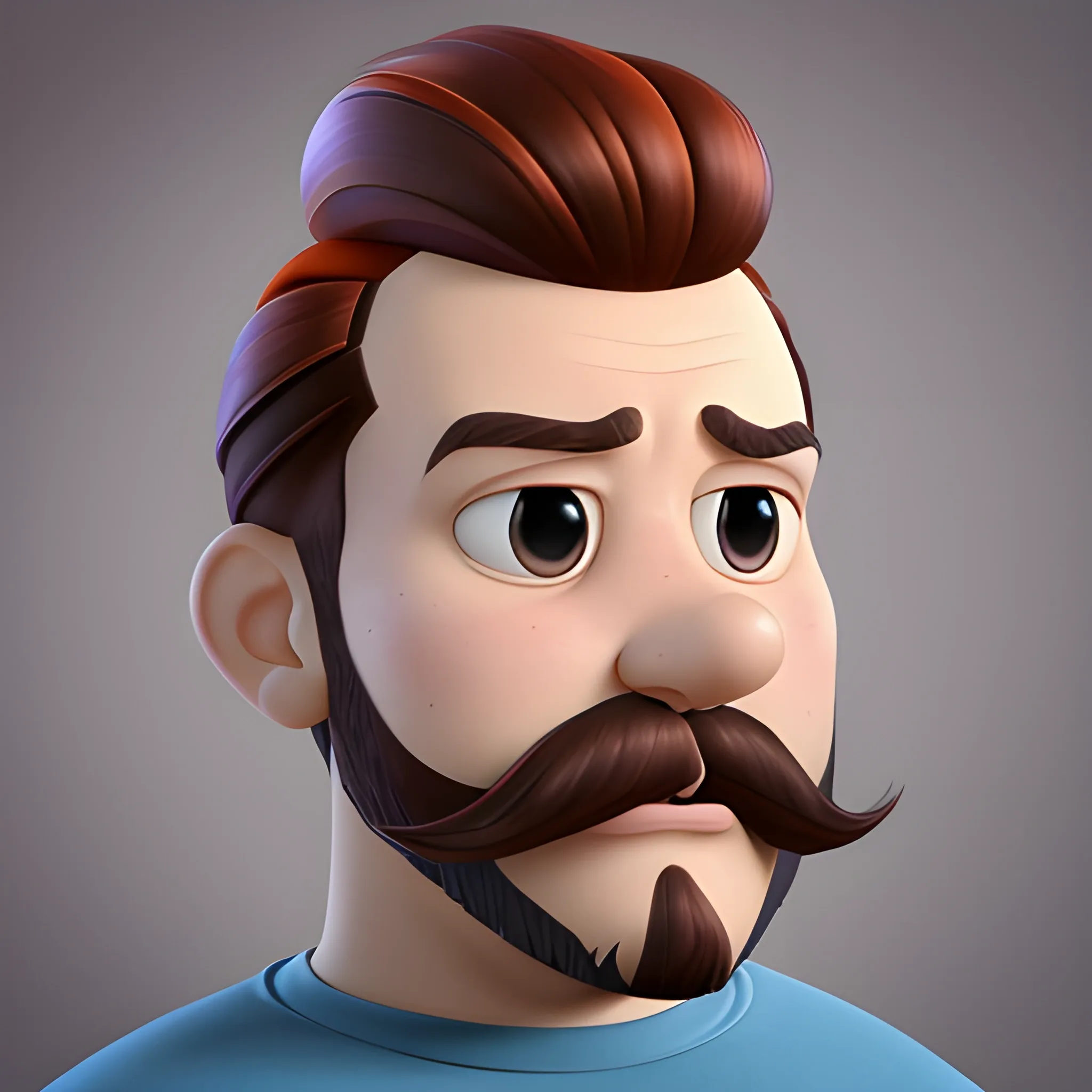 Pixar 3d,Persona color marron,genero hombre,pelo rodeando la cabeza y flequillo,cara grande circular con papada,con bigote corto,ojos marrones,con sobrepeso,pelo marron,color oscuro