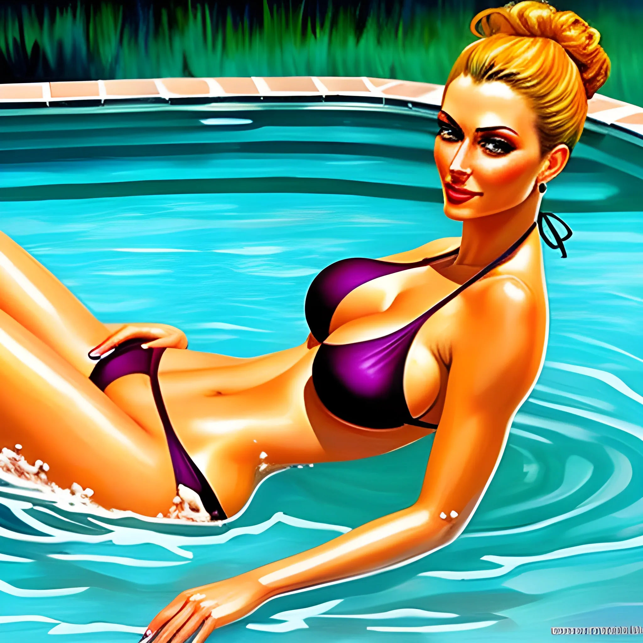 Hot girl bathing on bikini, Oil Painting