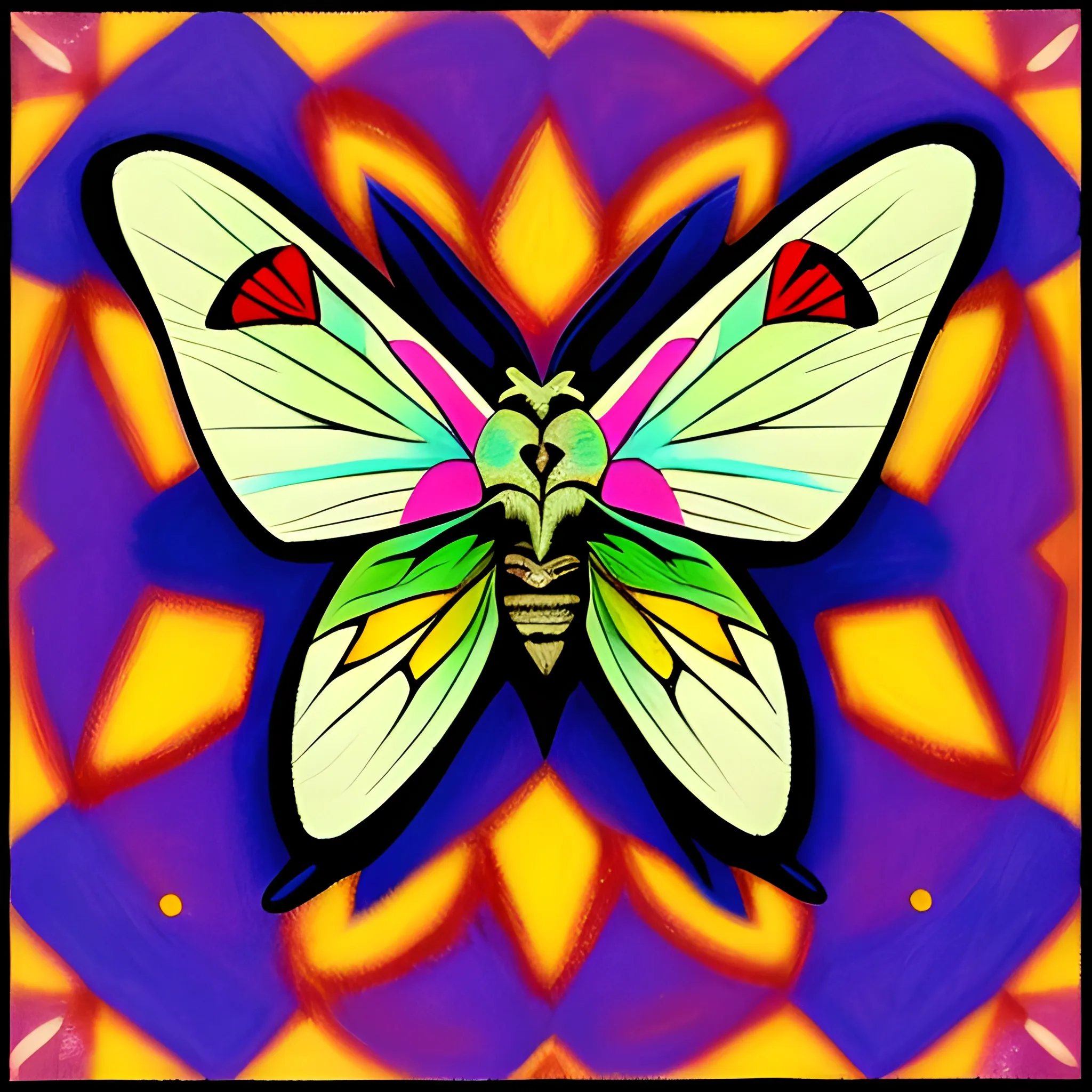 a moth using a "Tschabalala Self" style of art. specifically using the example of the work art named "floor dance"