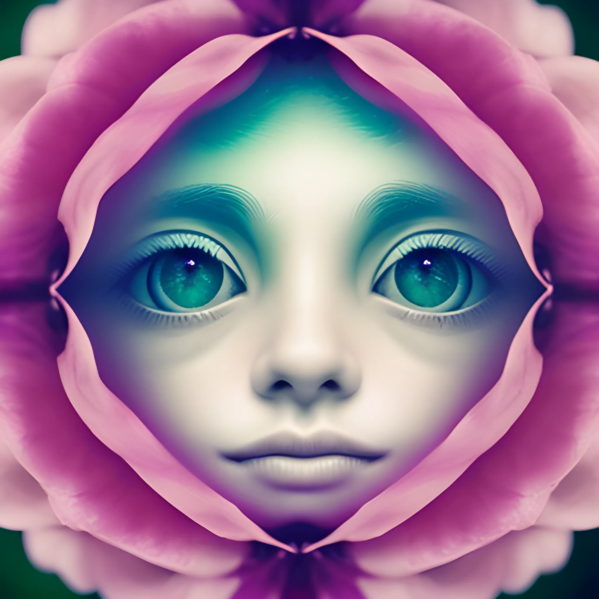 a dreamy flower with human eyes inside on its petals