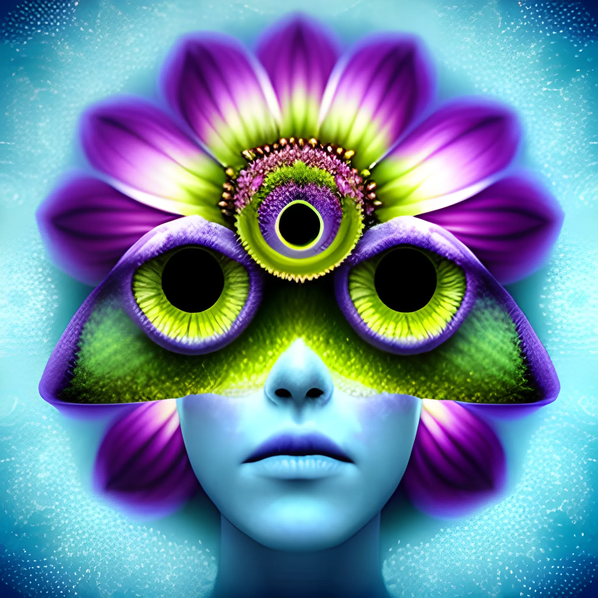 a dreamy flower with human eyes inside on its petals, Trippy