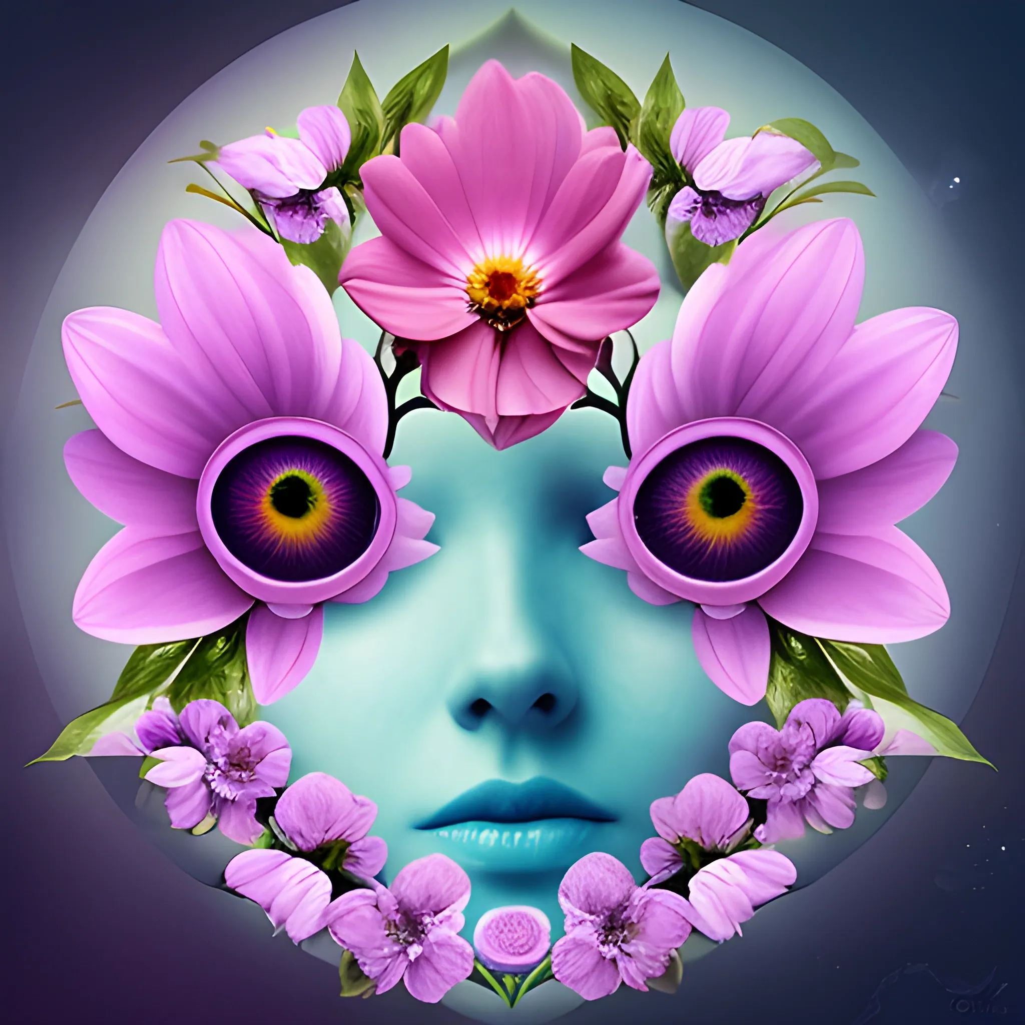 a dreamy flower with human eyes inside on its petals, by tschabalala self