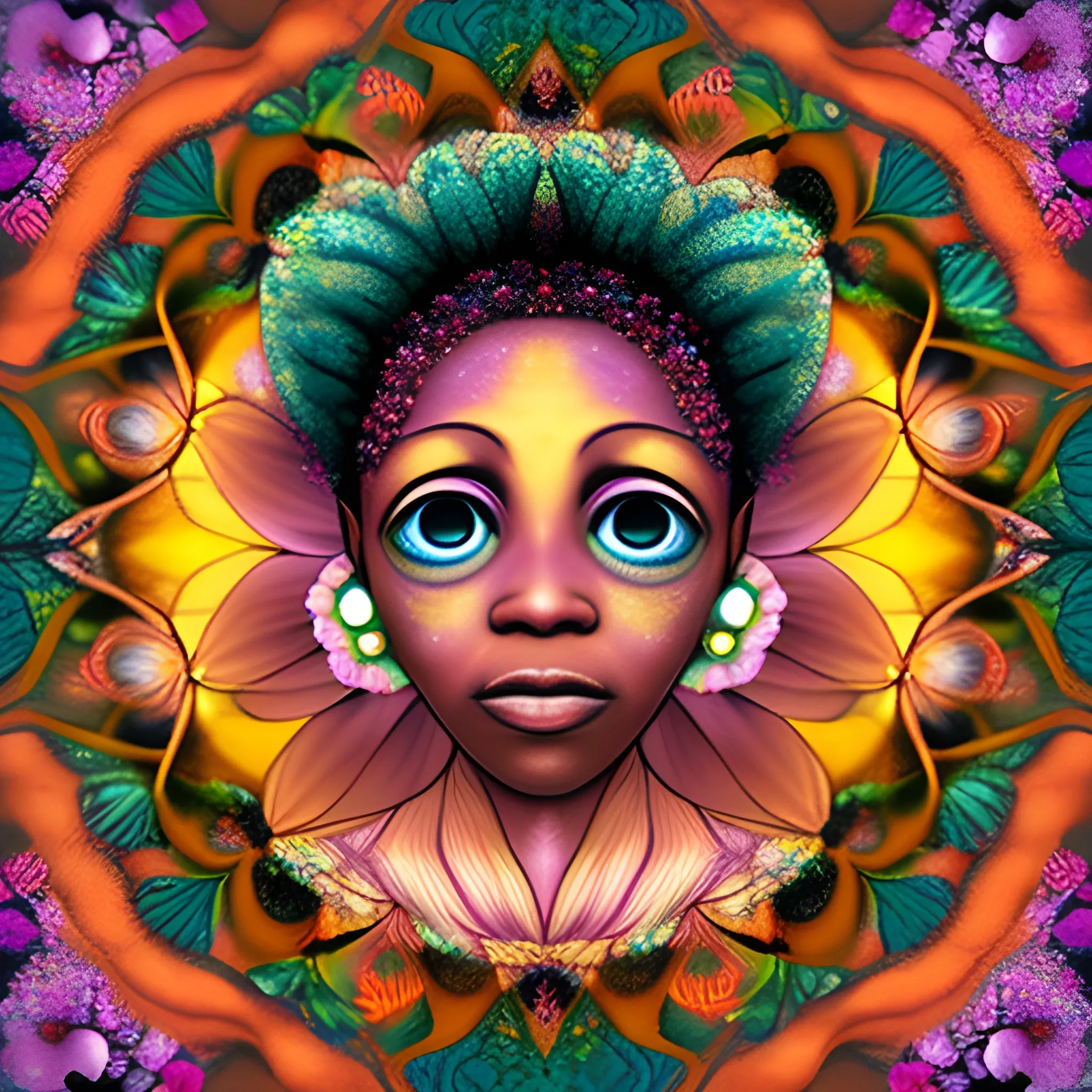 a dreamy flower with human eyes inside on its petals, use a "Tschabalala Self" style of art. specifically using the example of the work art named "floor dance"