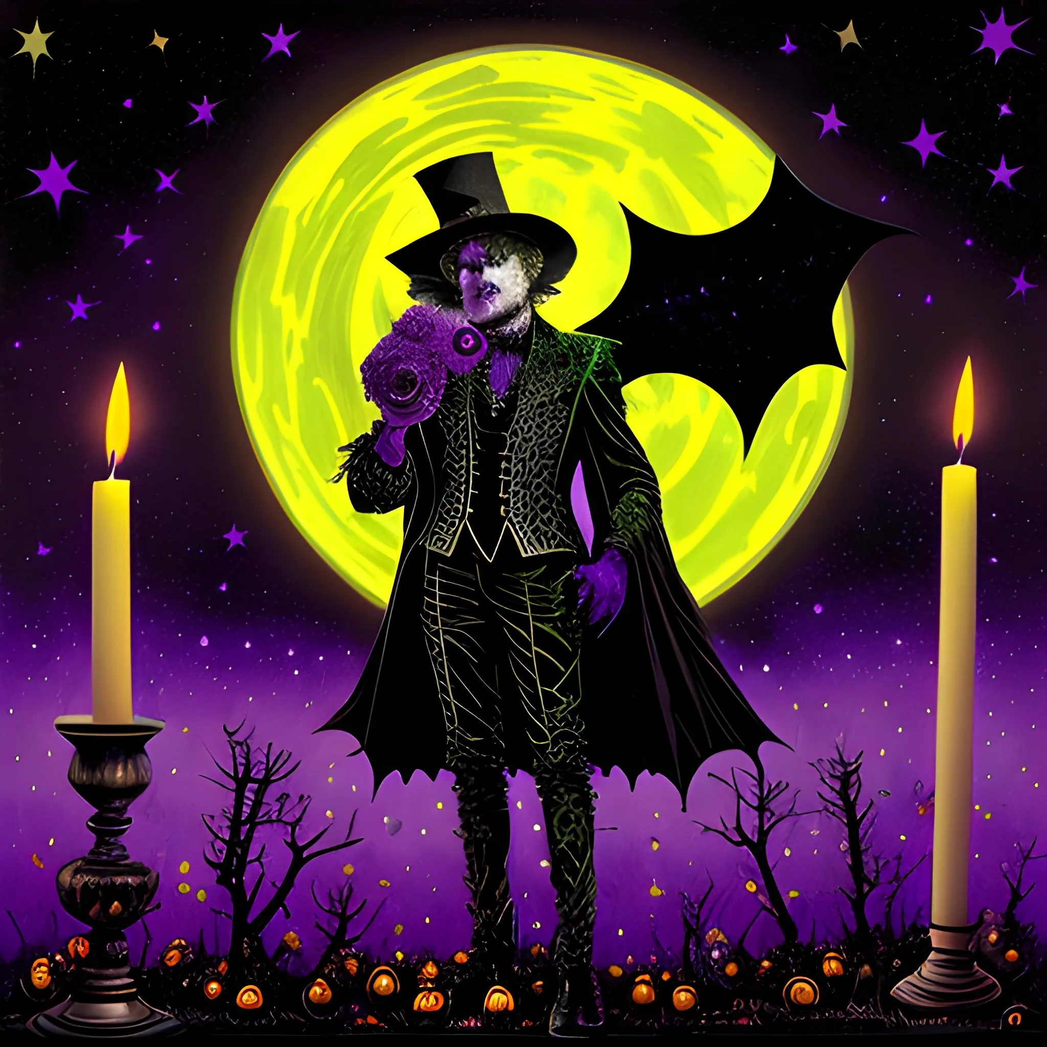 a hollow-cheeked gothic man wearing a Halloween Tuxedo adorned with sequins, thorns and black roses; Halloween, bats, full moon in a nebula sky, neon spray paint, acrylic paint, fantastical surrealist world, in the style of Stephen Gammell, extremely detailed, sick, gothic, eldritch, candles, neon grape purple, dayglo orange, chartreuse green, Halloween perfect purple pumpkins, green skulls, orange bats, magic, candles, cobweb, spider, glitter, luminous color sparkles, dayglo orange, neon grape purple, chartreuse green, hot pink, stars, sparkles, glitter, lanterns, gourds, Halloween; Goddess of the Night with a crescent moon and many stars in the style of Maxfield Parrish, starry night, James R. Eads