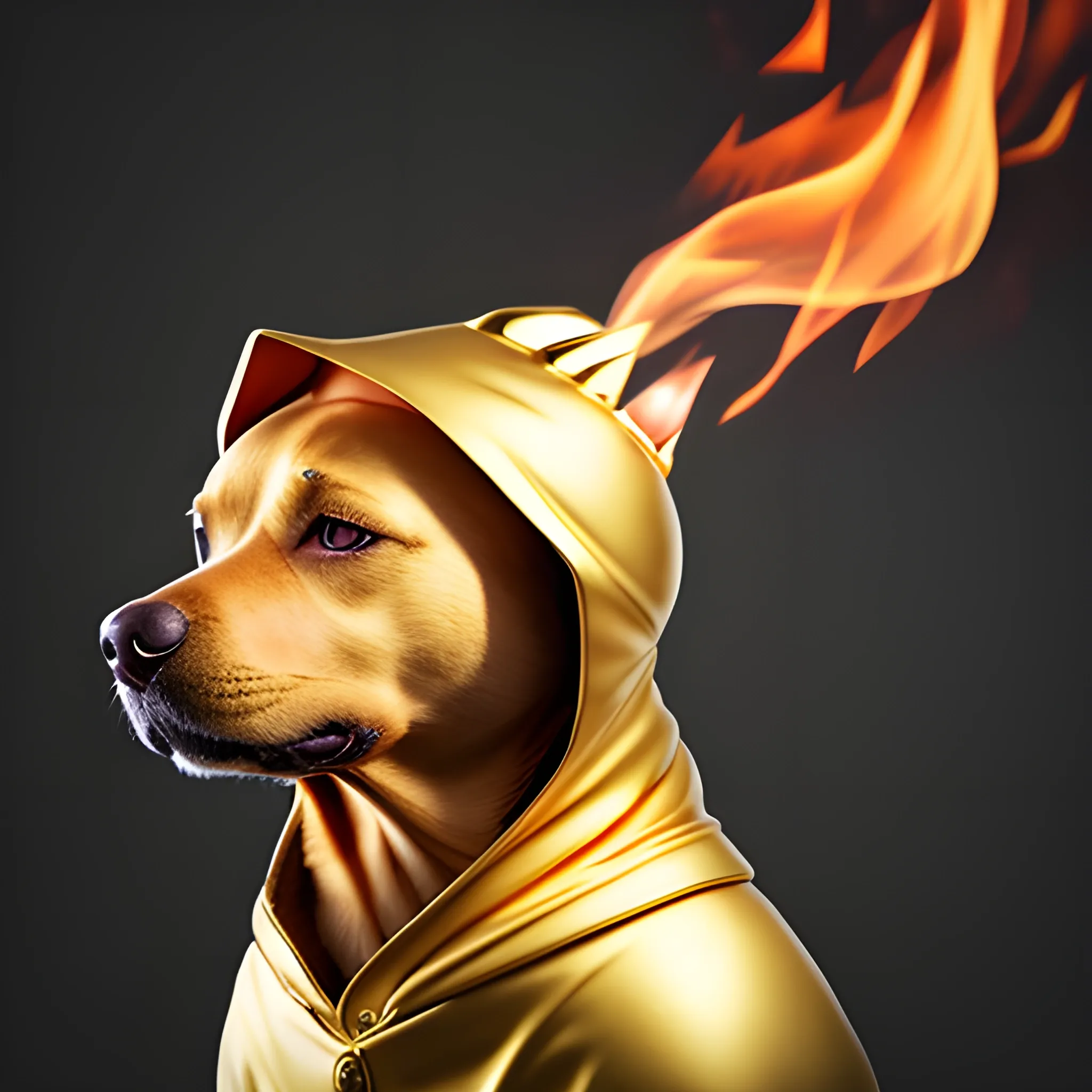 dog, golden hood , with fire around it