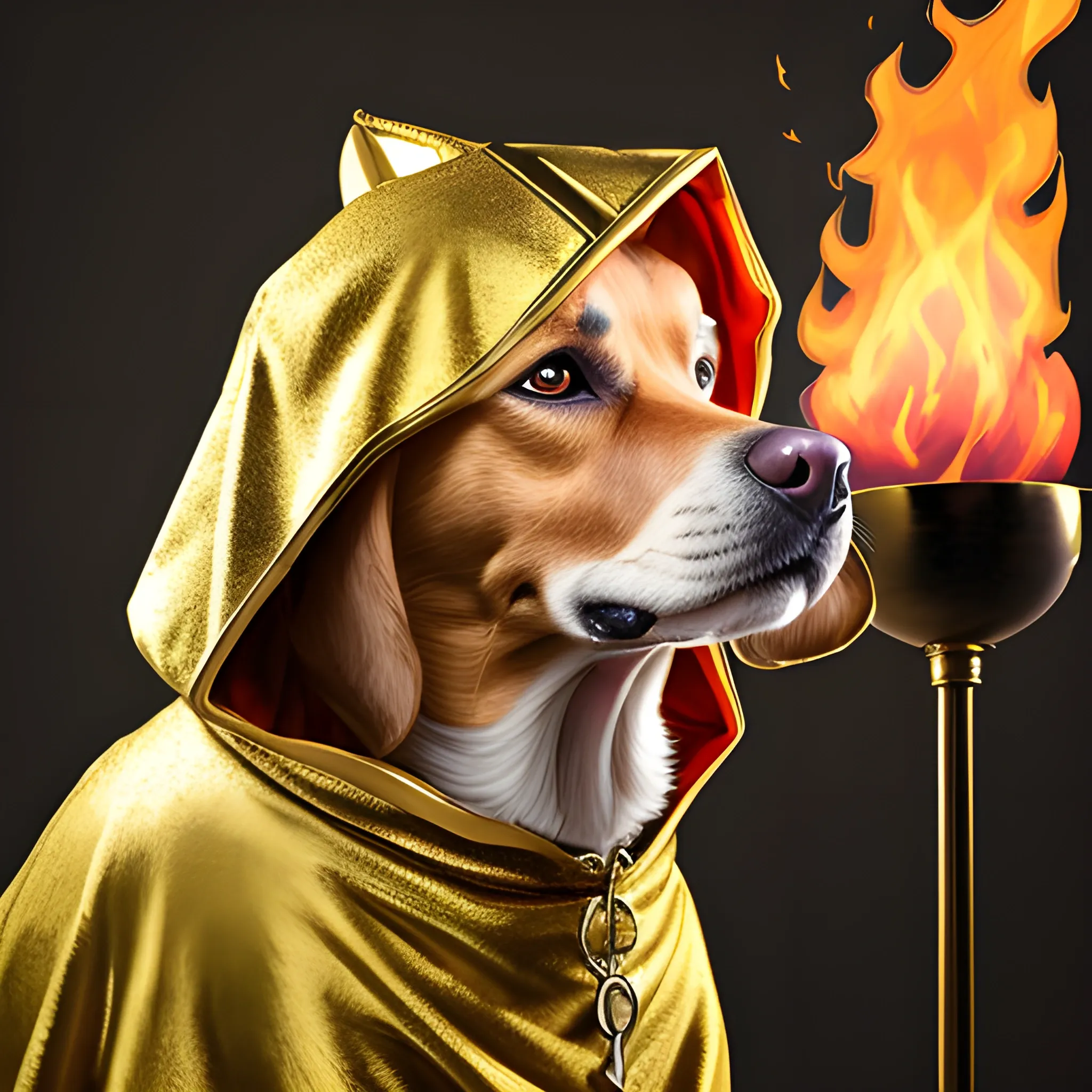 dog, golden hood , royal clothes, fire around it