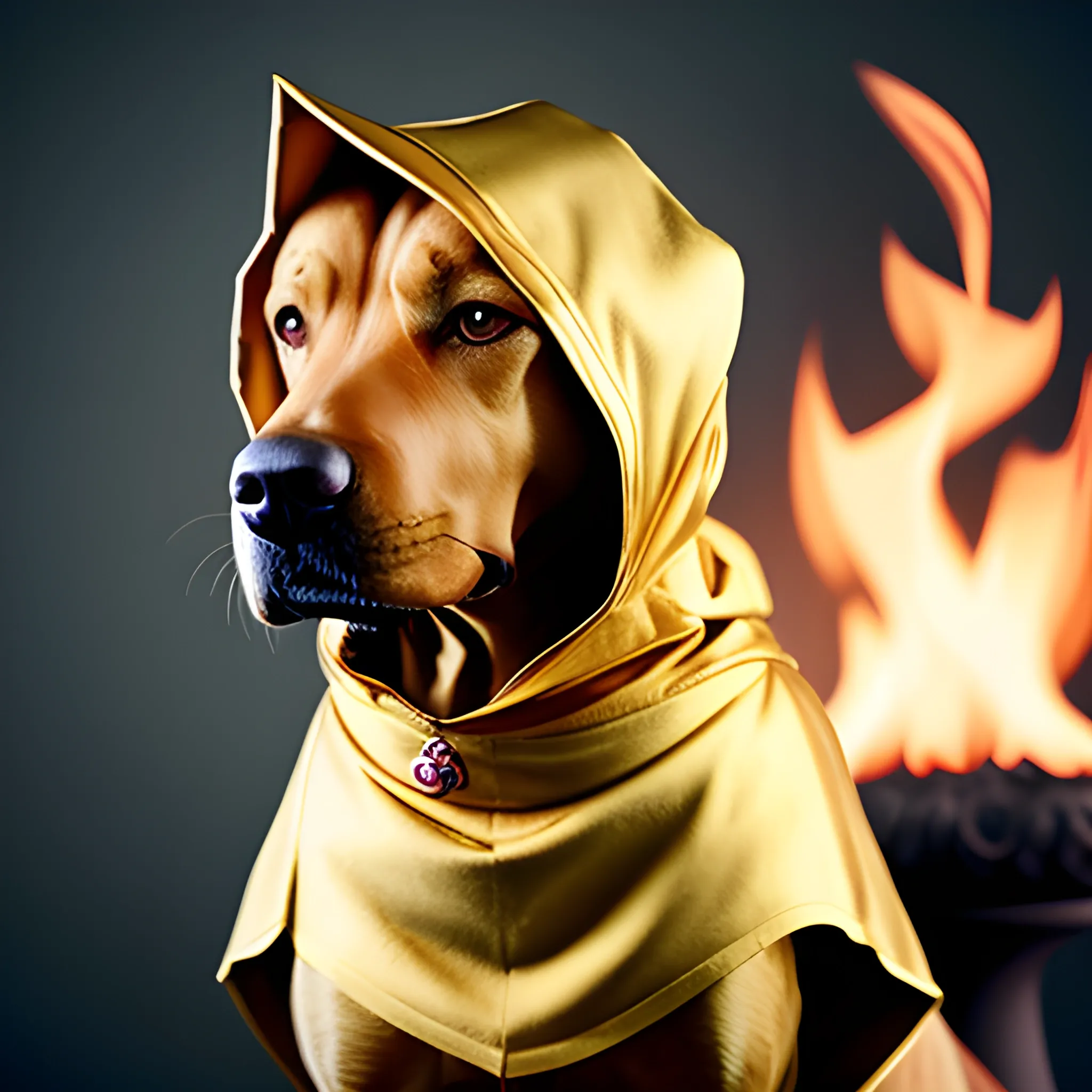 dog, golden hood , royal clothes, fire surrounding it