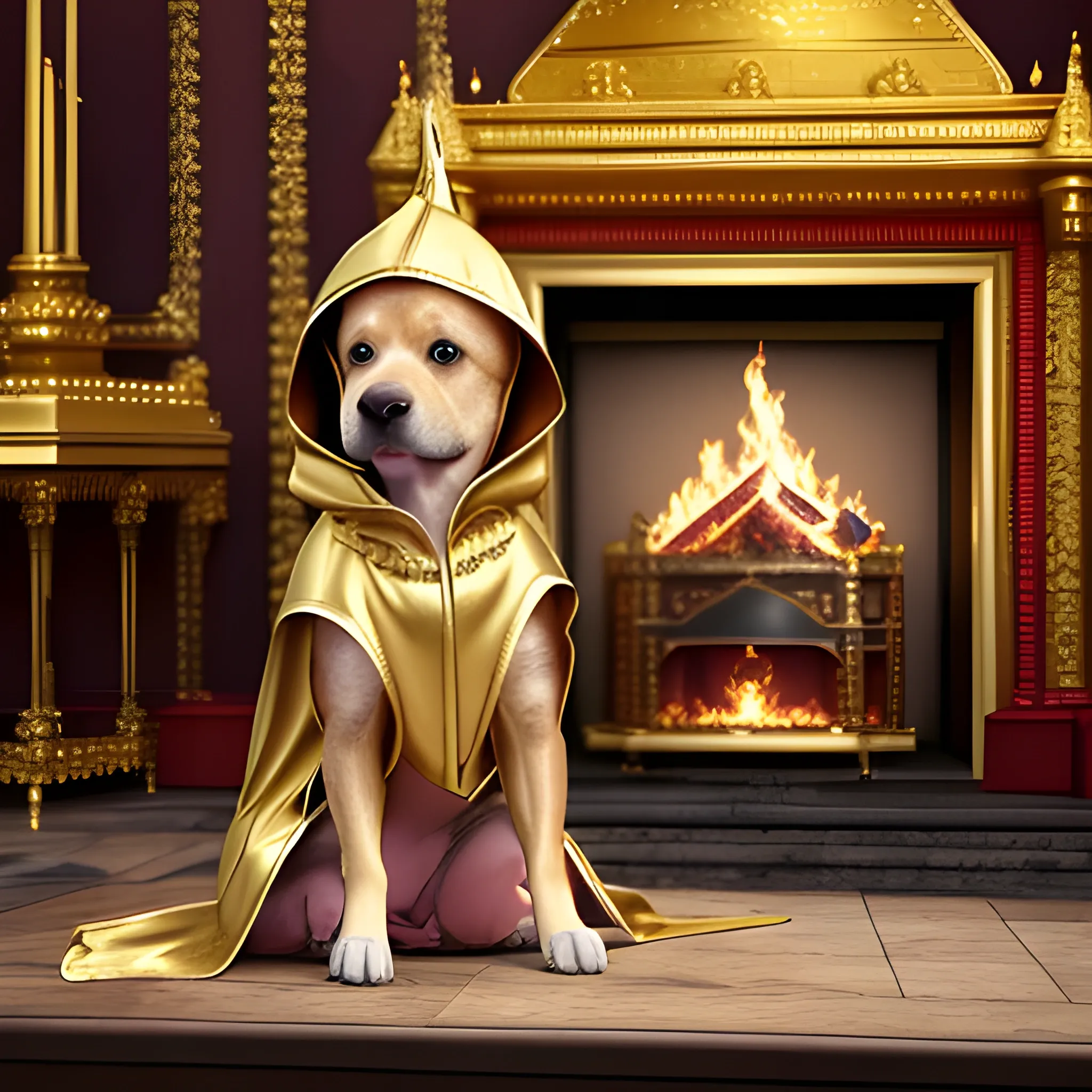 dog, golden hood , royal clothes, fire surrounding the area