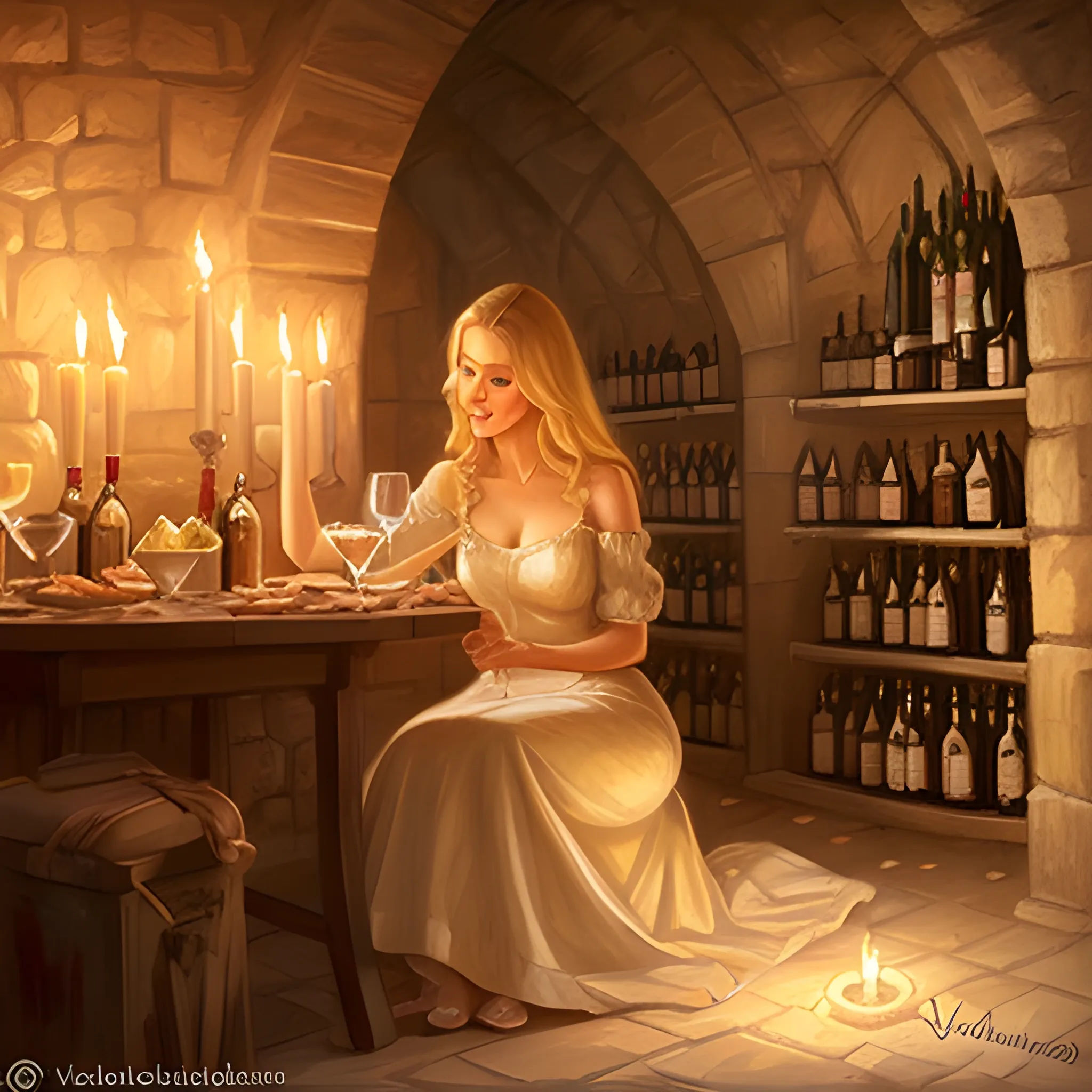 wine cellar full of food, torches on the wall, schnapps, romantic, inviting, cozy, blonde woman, painting Vladimir Volegov, Pencil Sketch