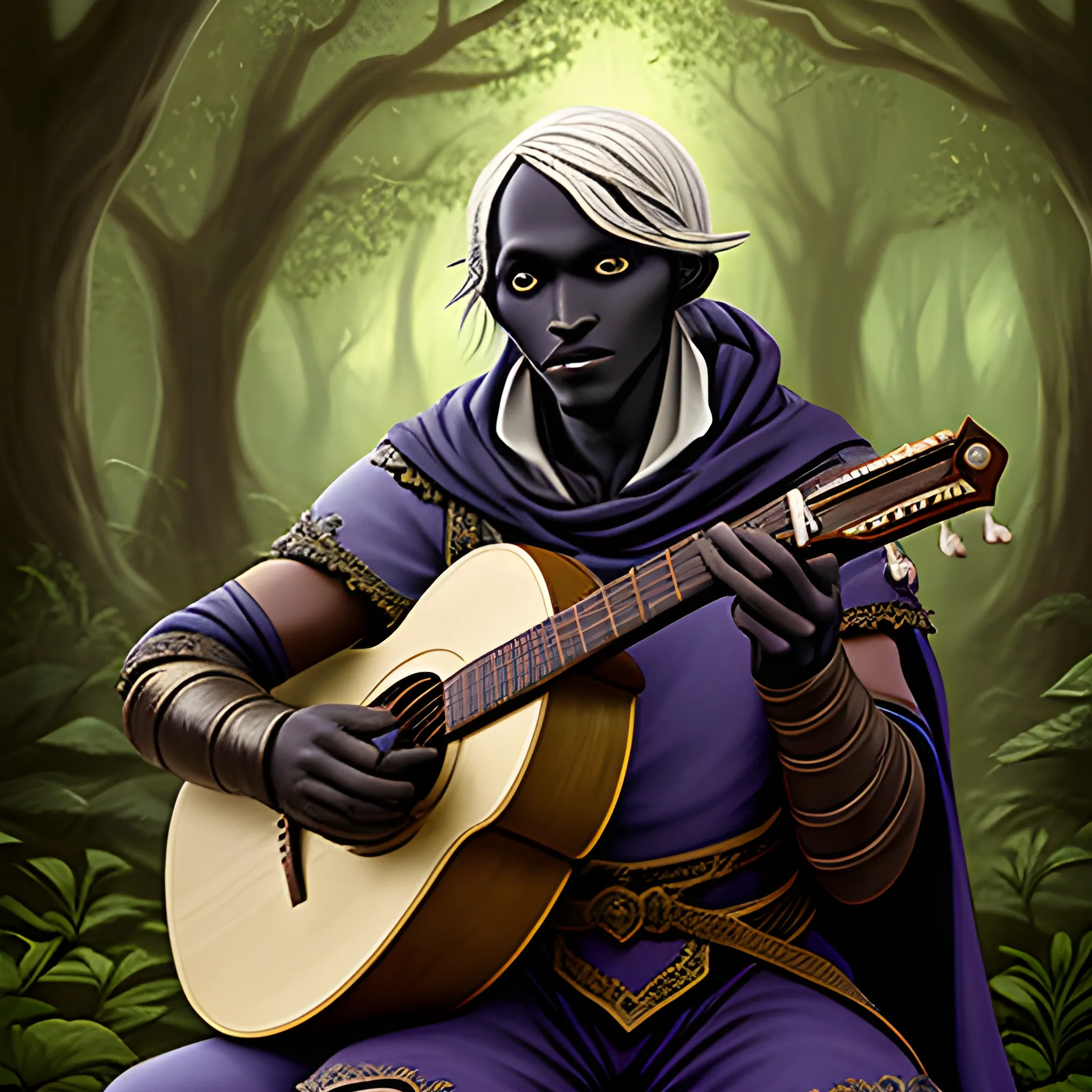 Heroic male drow bard playing lute in the forest in baroque style