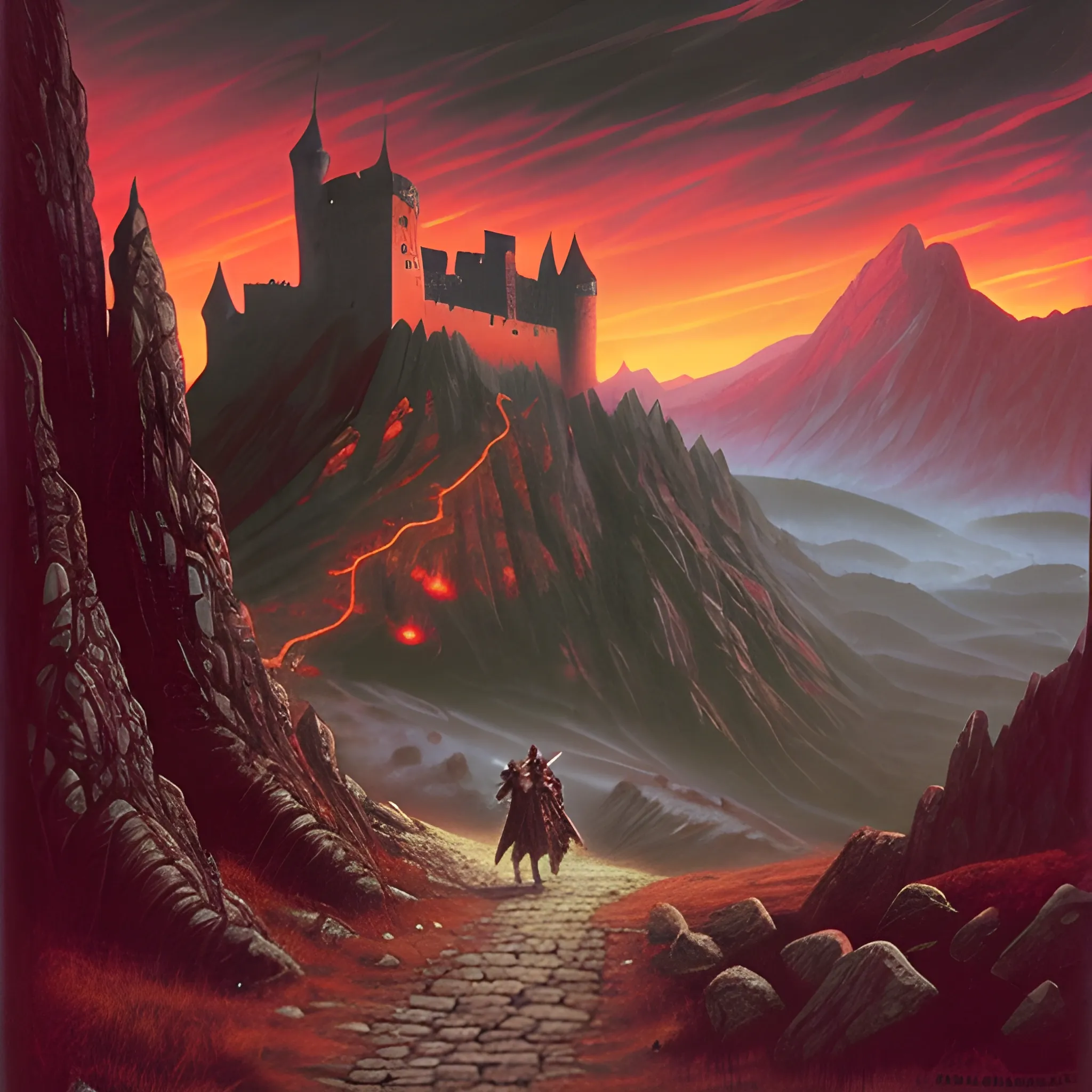 80s dark fantasy art, medieval knight walking in a mountain pass, dark red sky, castle in the distance