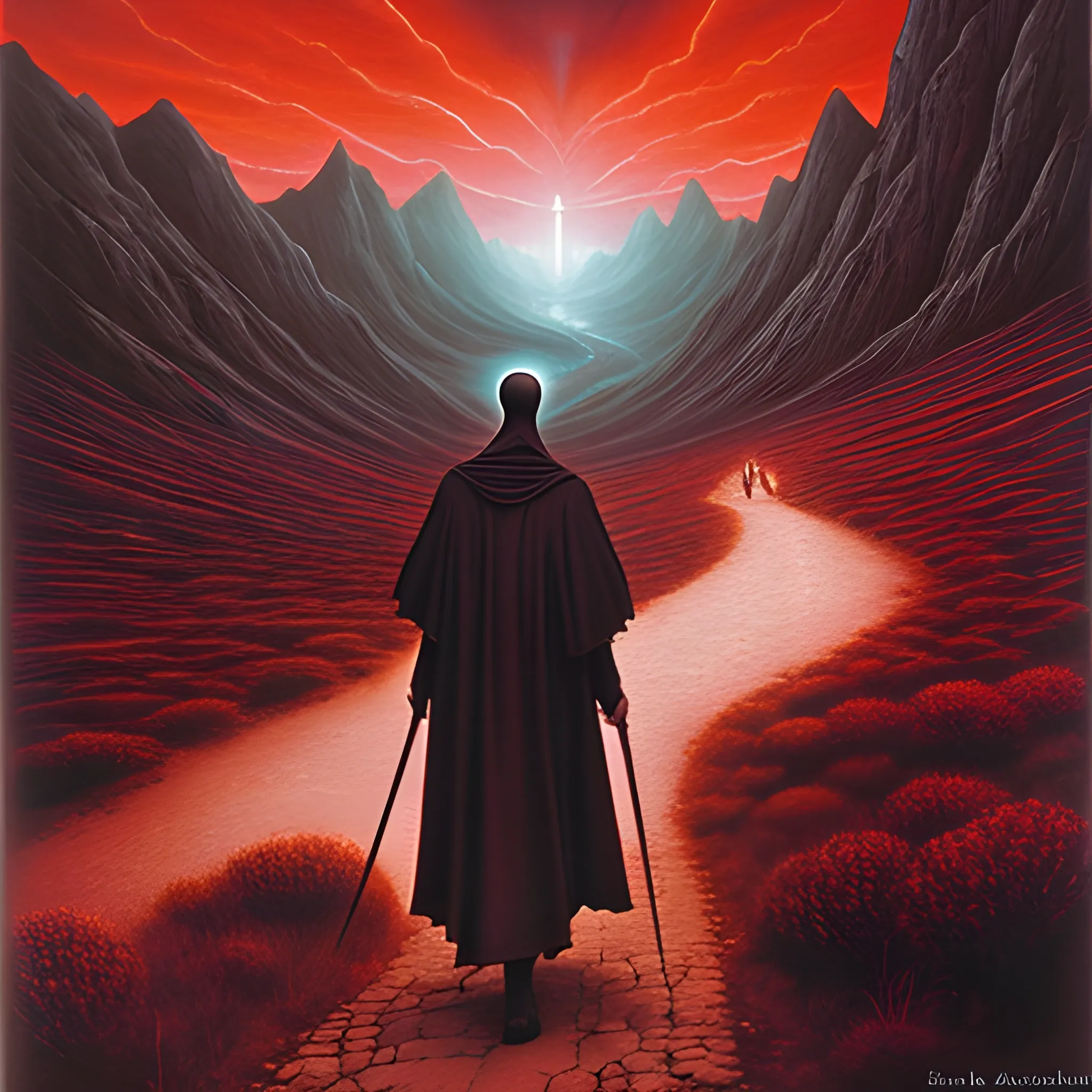 70s dark fantasy art, medieval satanist monk walking in a mountain pass, dark red sky, surrealism, dark lighting, painting