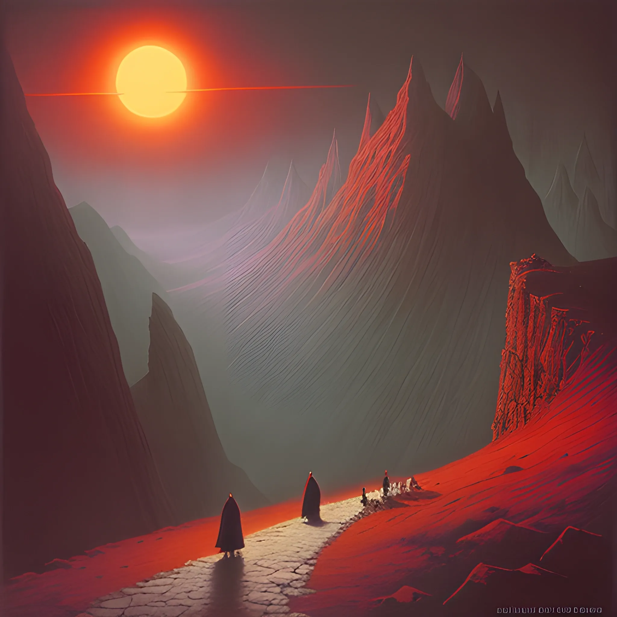 70s dark fantasy art, satanist monk walking in a mountain pass, dark redish sky, surrealism, darkness, Zdzisław Beksiński style
