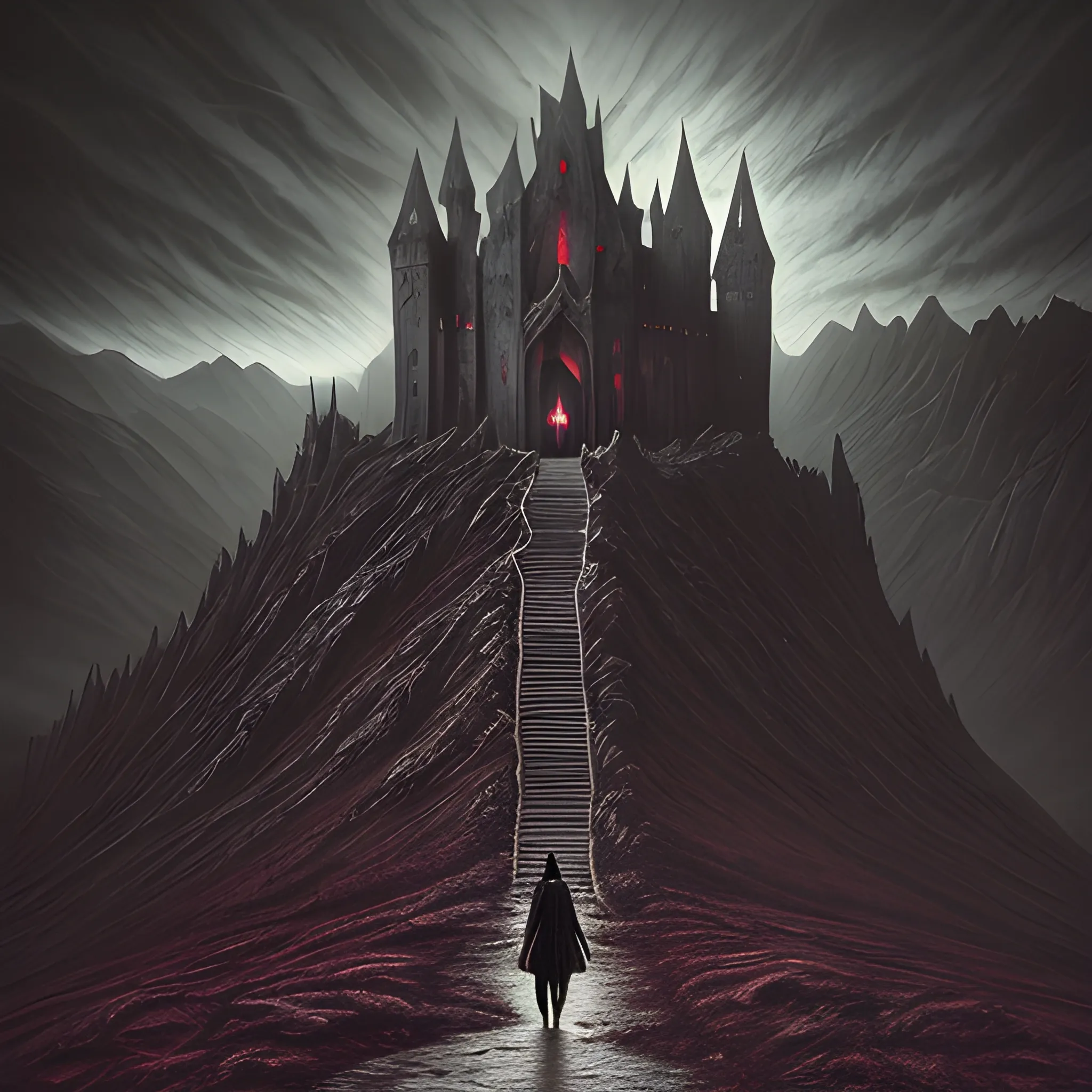 dark fantasy art, satanist walking, mountain pass, mountain range, medieval, dark reddish sky, a river of blood, dead trees, atmospheric aesthetic, surrealism, surrealistic, grim, old ruins, darkness, castle ruins on a mountain