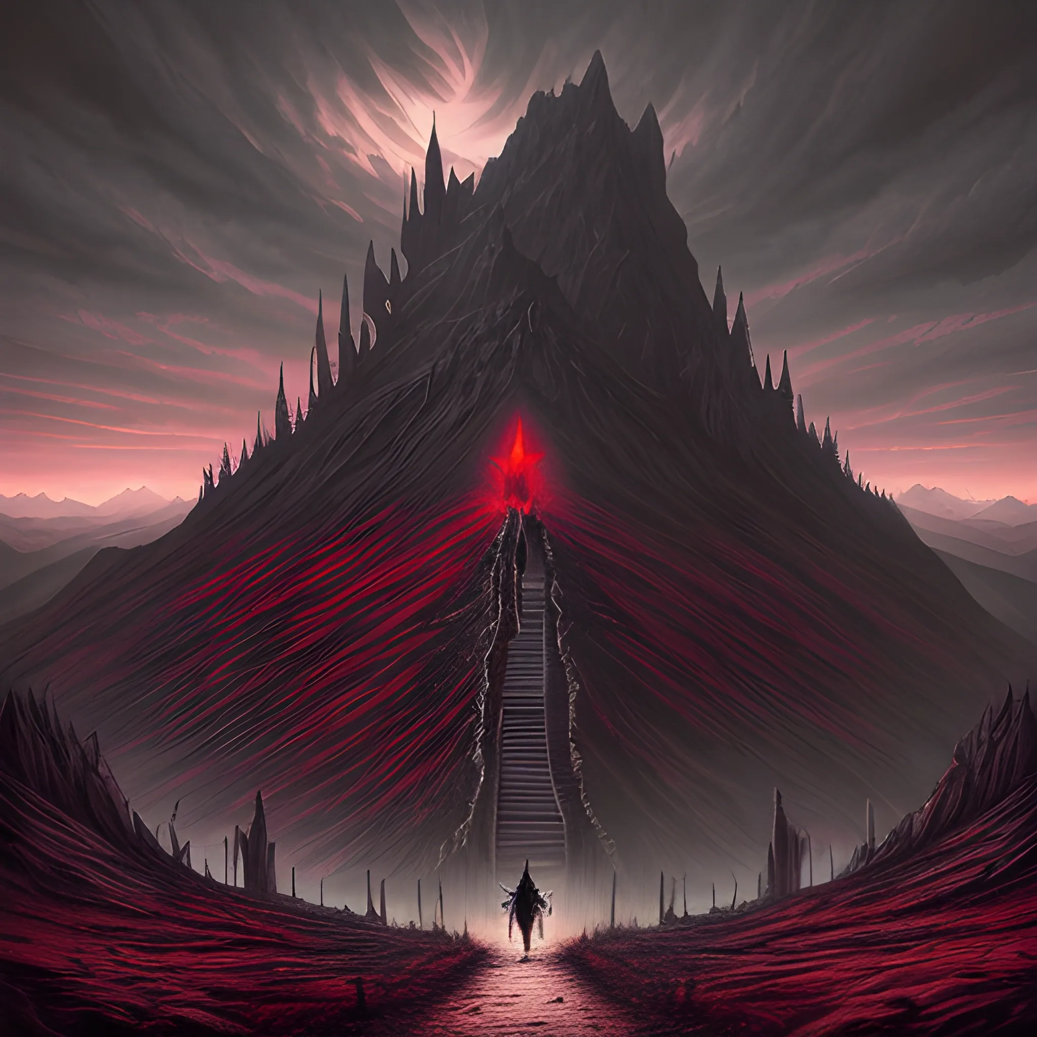 dark fantasy art, satanist walking, mountain pass, mountain range, medieval, dark red sky, a river of blood, dead trees, atmospheric aesthetic, surrealism, surrealistic, grim, old ruins, darkness, castle ruins on a mountain, skeletons