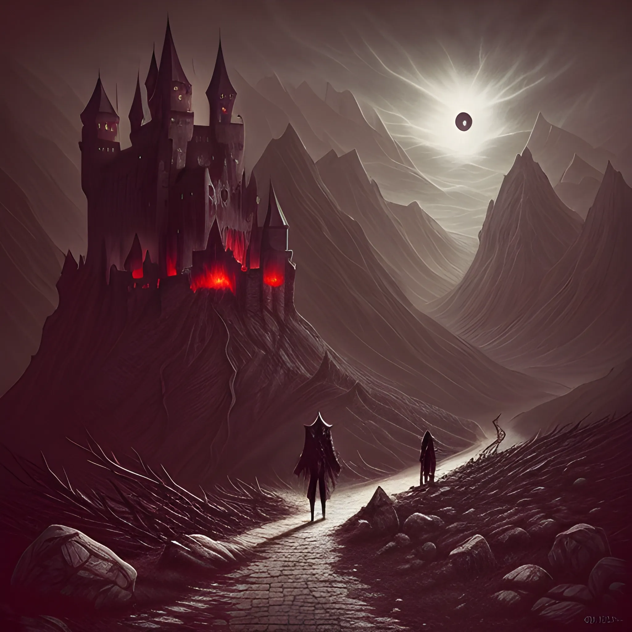 dark fantasy art, satanist walking, mountain pass, mountain range, medieval, dark red sky, a river of blood, dead trees, atmospheric aesthetic, surrealism, surrealistic, grim, old ruins, darkness, castle ruins on a mountain, skeletons, world
