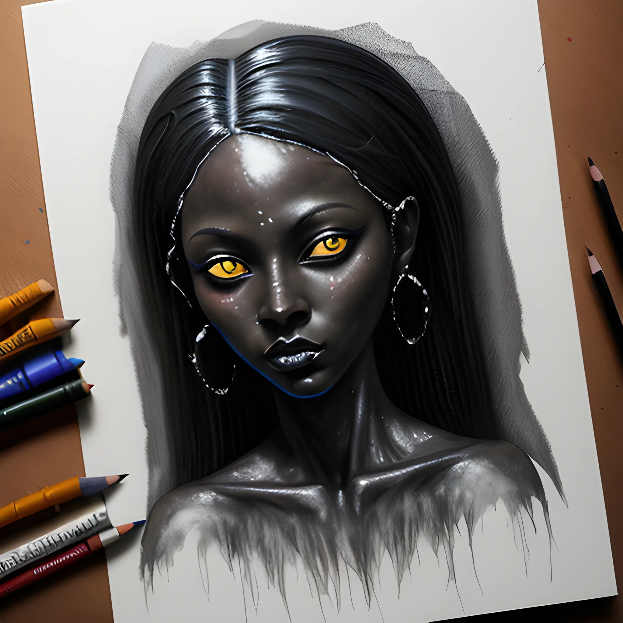 Black mysterious woman, portrait version, deep and artistic, master work, Oil Painting, Pencil Sketch, Oil Painting, Water Color, Pencil Sketch, 3D, 3D, Cartoon, Cartoon, Trippy
