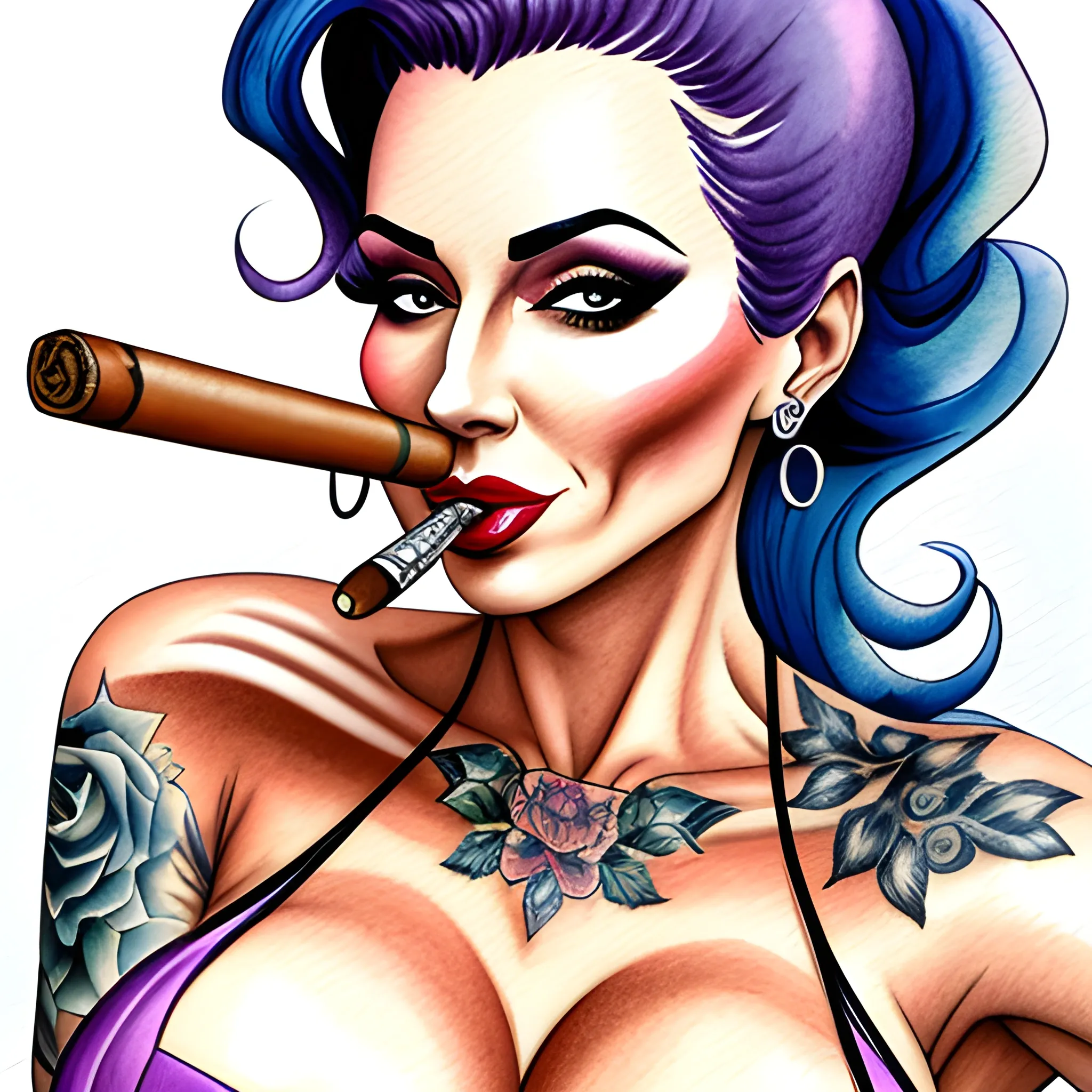 Tattooed gangster girl with busty figure smoking cigar, very detailed, Water Color