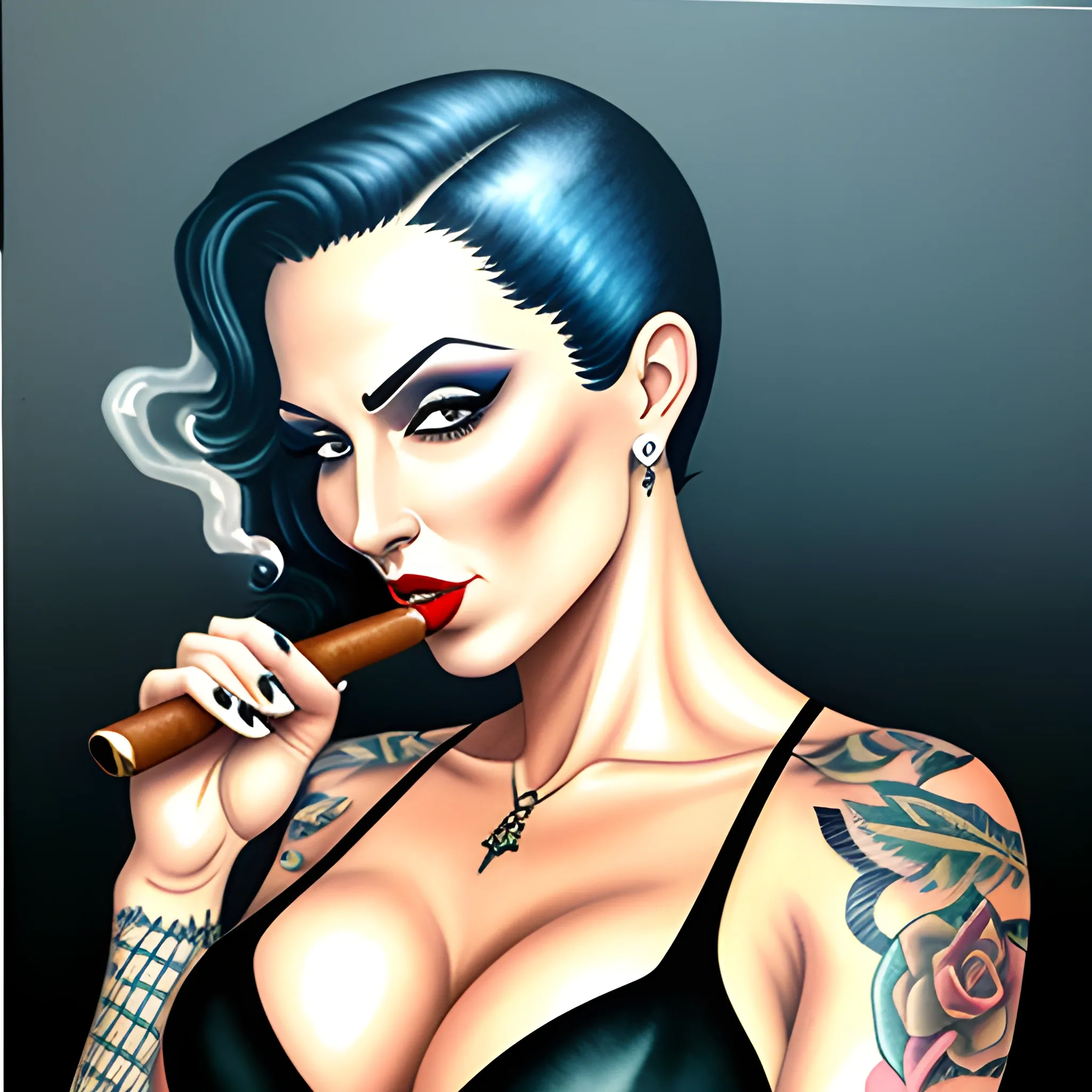 Tattooed gangster girl with busty figure smoking cigar, very detailed, Water Color, Oil Painting